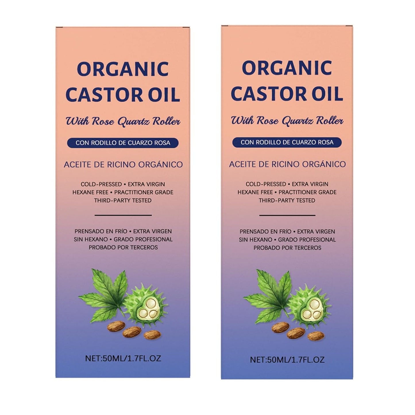 Organic Castor Oil Roll-On - 100% Pure Cold-Pressed for Hair Growth, Eyelashes & Skin Moisturization | 50ml with Rose Quartz