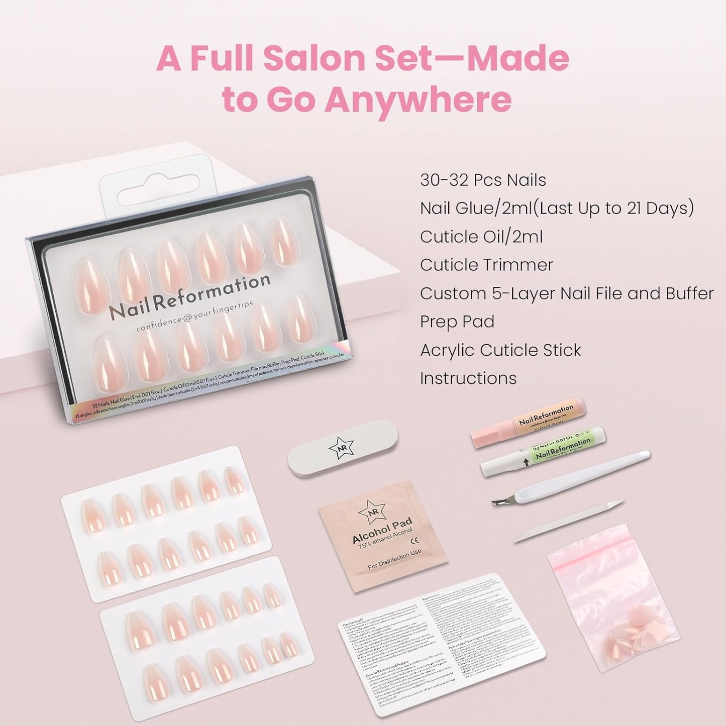 Press On Nails - Ombre Pink Short Almond | Natural Reusable Glazed Finish, 16 Sizes - 32 Nail Kit with Glue