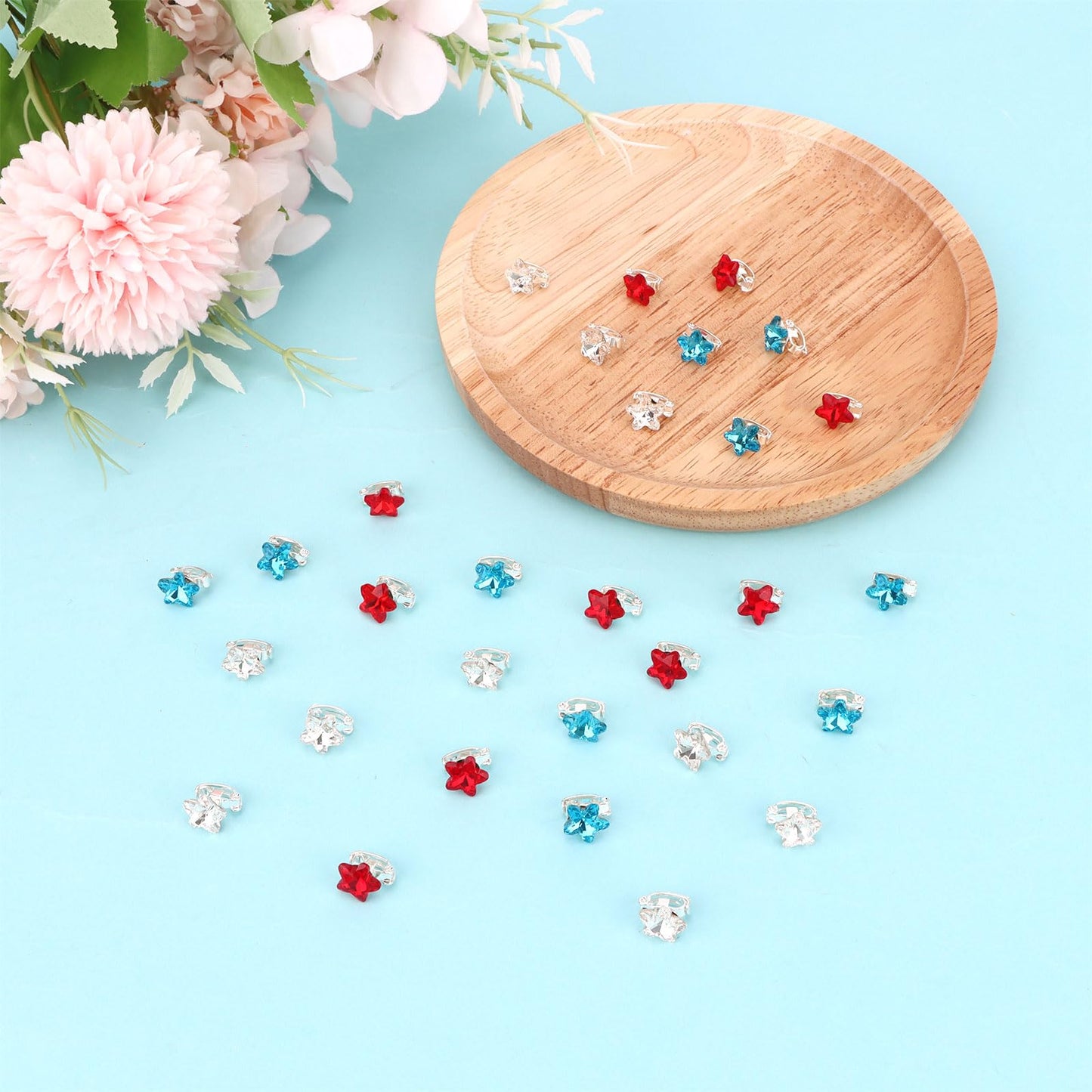 Oblihumoy 30Pcs 4th of July Red Blue White Hair Clips Rhinestone Star Small Hair Clip Independence Day Hair Accessories for Girls Women