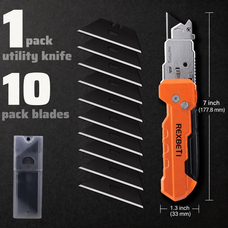 REXBETI 2-in-1 Folding Utility Knife and Scraper, Heavy-Duty Zinc Alloy Construction, Built-In Blade Storage,Retractable Blade with Safety Lock,Includes 13 SK5 Black Replacement Blades(1 pack)