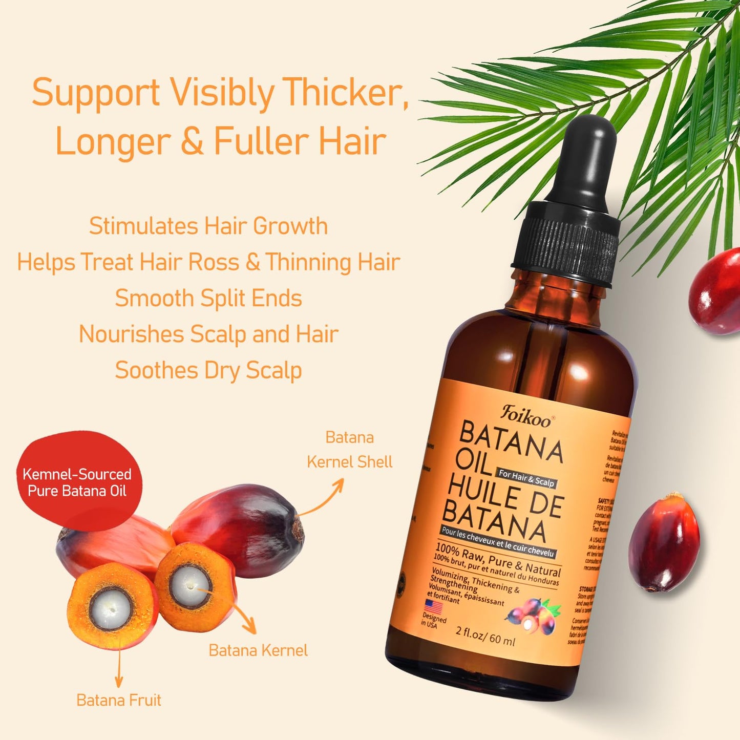 FOIKOO Batana Oil for Hair Growth Dr Sebi Organic, 100% Raw Pure & Natural Botana Oil from Honduras, Deeply Nourishing Scalp for Hair Thicker and Stronger (2 Fl Oz, Pure)