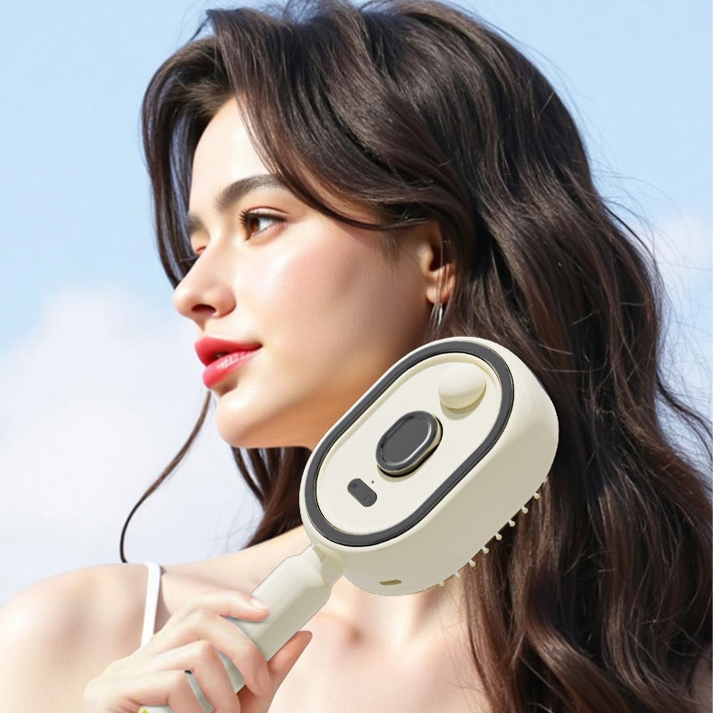 Electric Steam Brush for Hair with Water Spray, Detangling Steam Brush for Short Hair Reduce Frizz, Nourishes Hairs, Anti-Static (Cream)