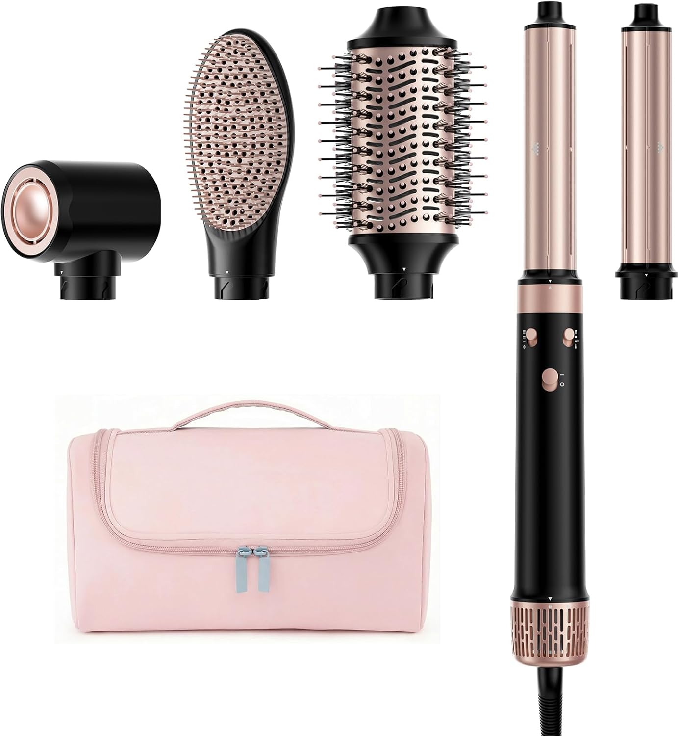 Dual Voltage Hair Dryer Brush - 5 in 1 Hot Air Styler with Auto Wrap Curlers | Fast Drying, Volumizing, Peach Pink