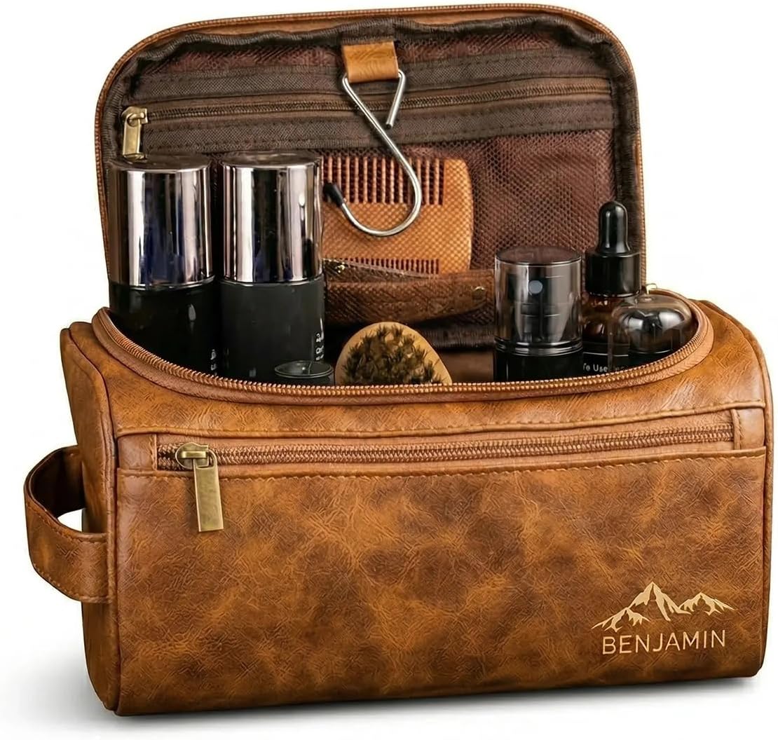 Personalized Leather Toiletry Bag for Men - Custom Engraved Travel Organizer | Groomsmen Gift (Coffee)