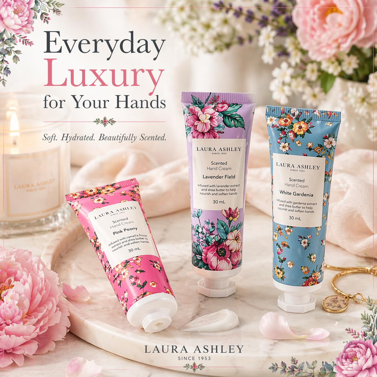 Laura Ashley Hand Cream Set | 7-Piece Moisturizing Lotion Collection for Dry Skin - Travel Size 30ml Each with Rose, Lavender & Floral Scents
