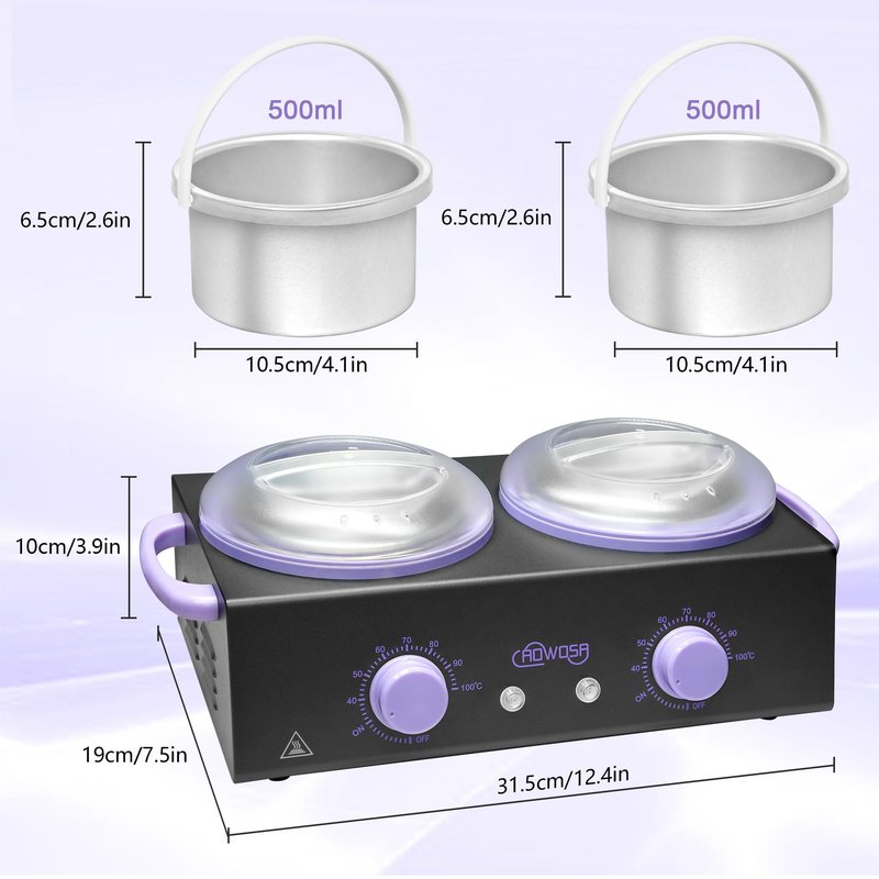 Professional Waxing Kit Wax Warmer Double Pot Wax Heater Machine for Hair Removal, Large Waxing Pot for Spa Salon Beauty Esthetician Home, with Non-Stick Easy Clean Pot, 50 Sticks & 20 Collar, Black