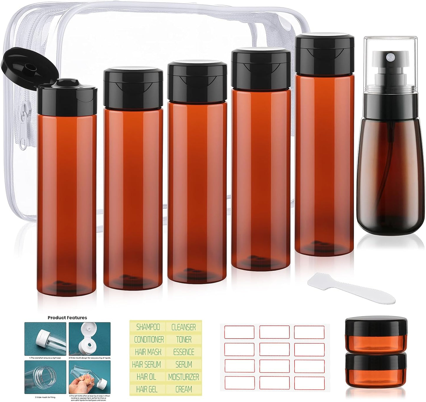 Travel Bottles for Toiletries - 9 PCS TSA Approved Leak-Proof Containers | 3.4oz Squeeze Bottles & Refillable Spray Bottles