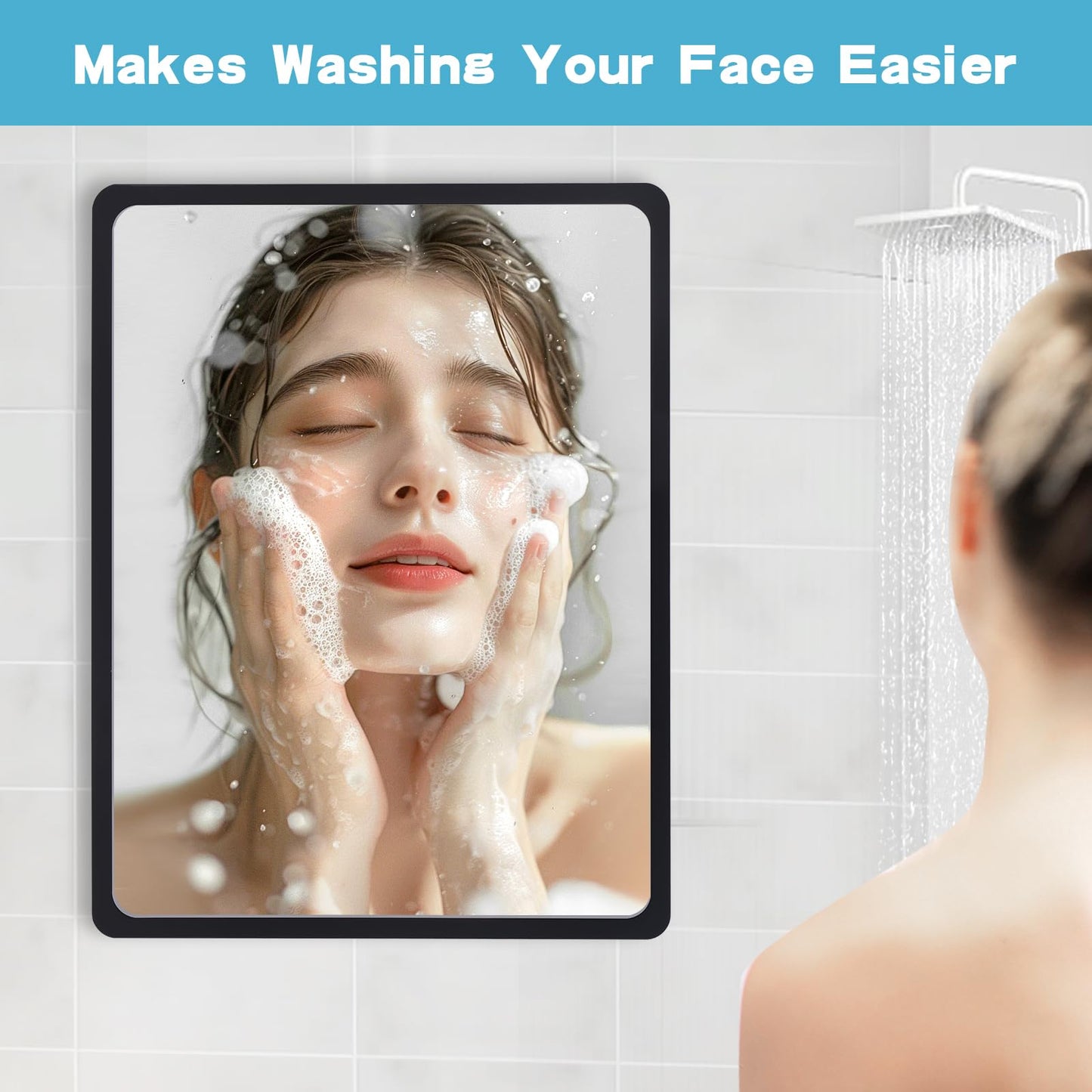 YoHumk Fog Free Shower Mirror (9 * 7 inch) 3M Adhesive Anti-Fog Bathroom Wall Mirror, Fogless Shower Makeup Mirror for Shaving, Shatterproof Glassless Child Safe Mirror (Rectangular Black Frame)