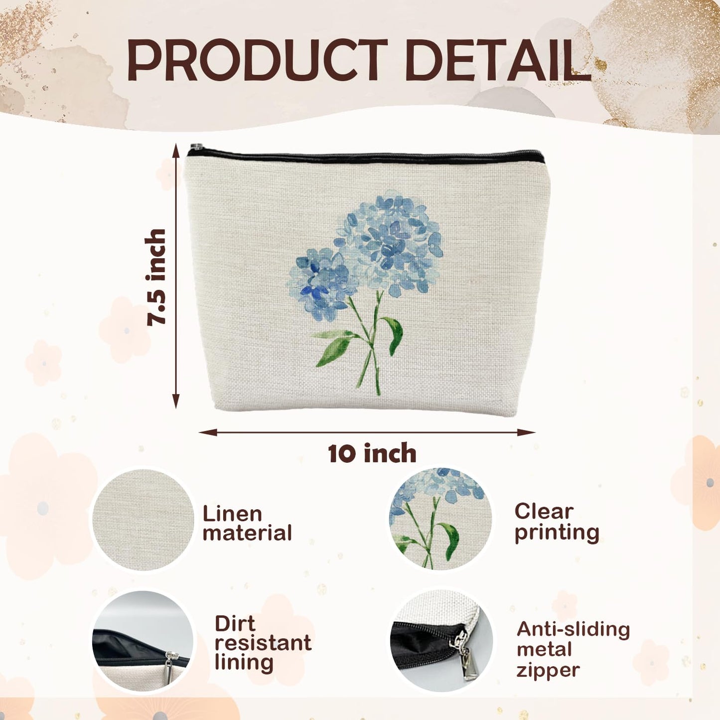 ignytiger Aesthetic Floral Makeup Bag for Women, Blue Hydrangea Canvas Cosmetic Pouch Travel Toiletry Bag with Zipper, Small Purse for Skincare