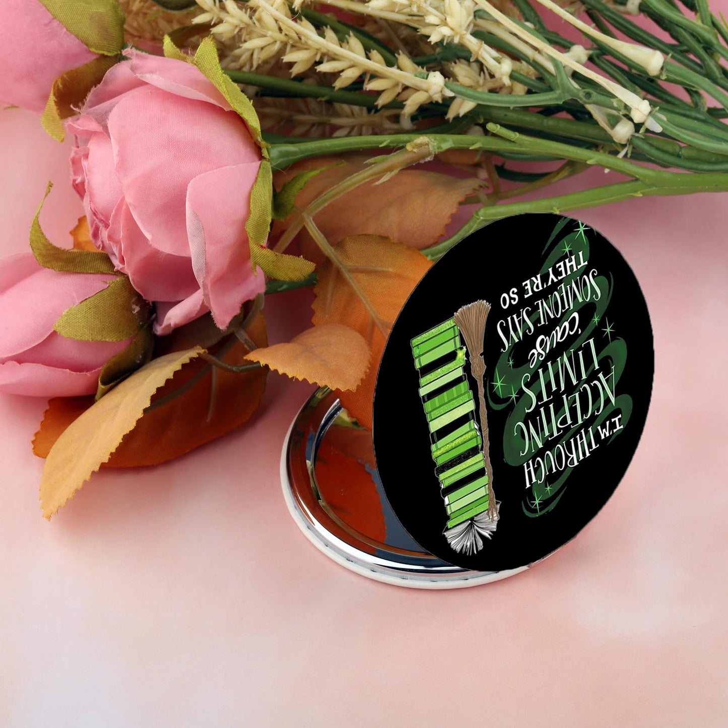 BEKECH Elphaba Quote Compact Mirror I’m Through Accepting Limits Green Witch Musical Makeup Mirror Gift for Theater Fans (Black)