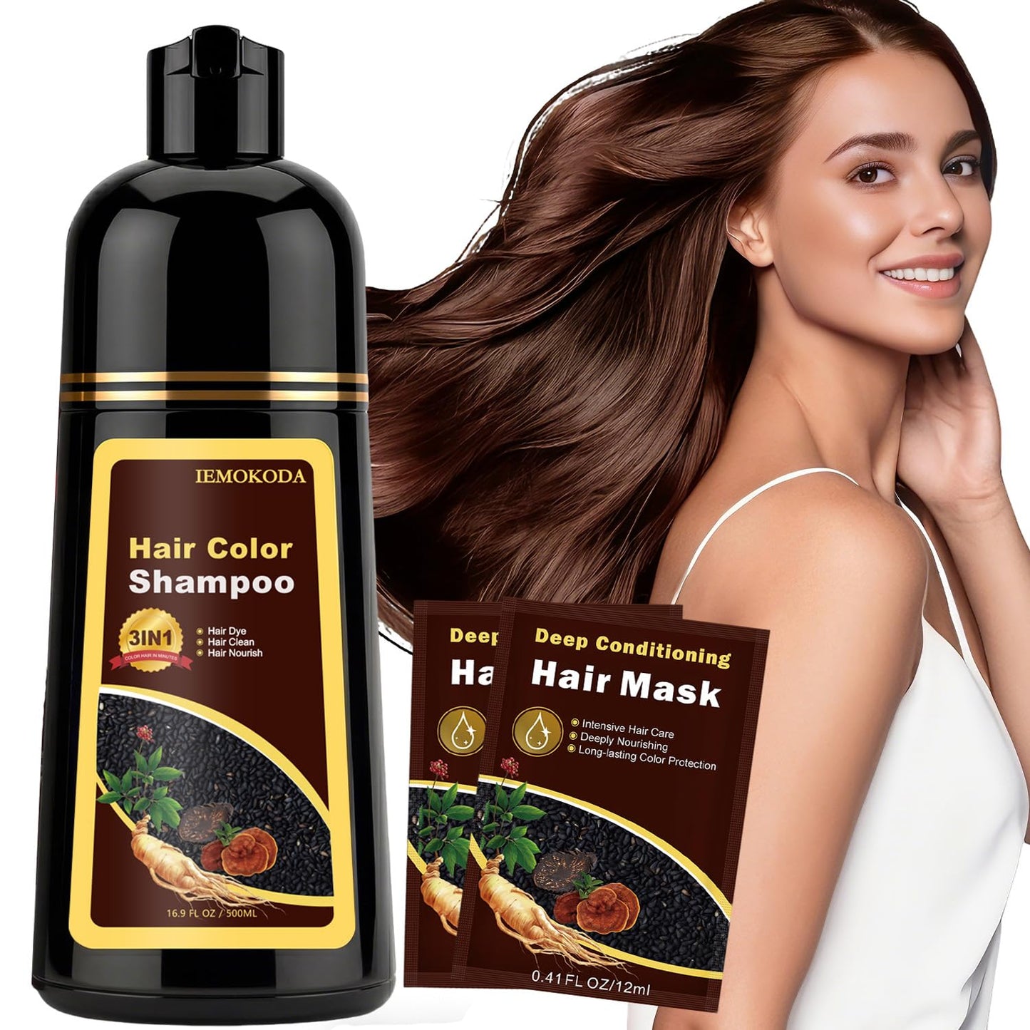 Instant Black Hair Dye Shampoo - 100% Gray Coverage | Herbal Formula, 3-in-1 Care, 500ML