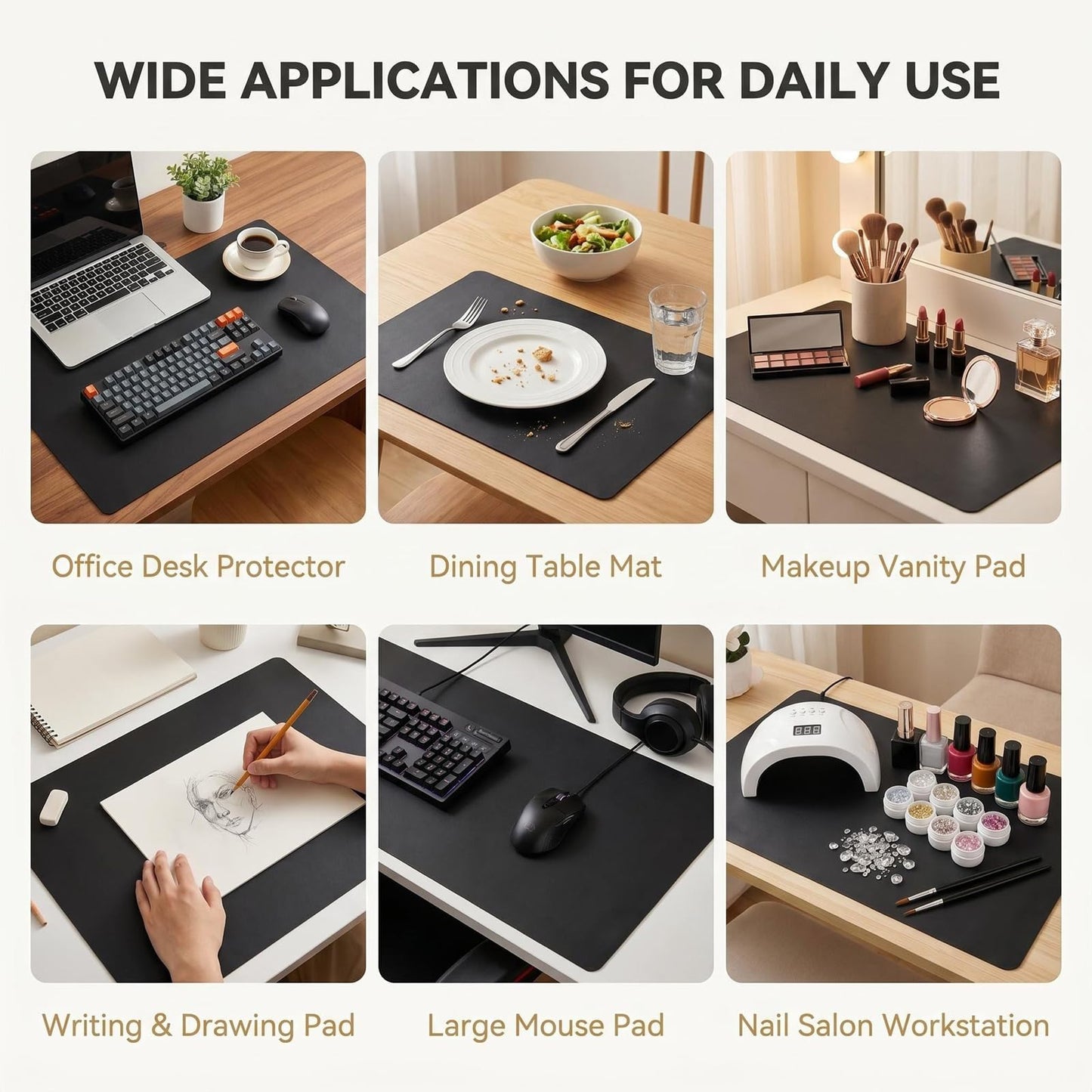 23.6 x 11.8 inches Foldable Nail Art Table Mat, Waterproof Non-Slip PU Leather Nail Desk Pad, Reusable Manicure Mat for Nail Tech Salon Home Acrylic Nails (Black)