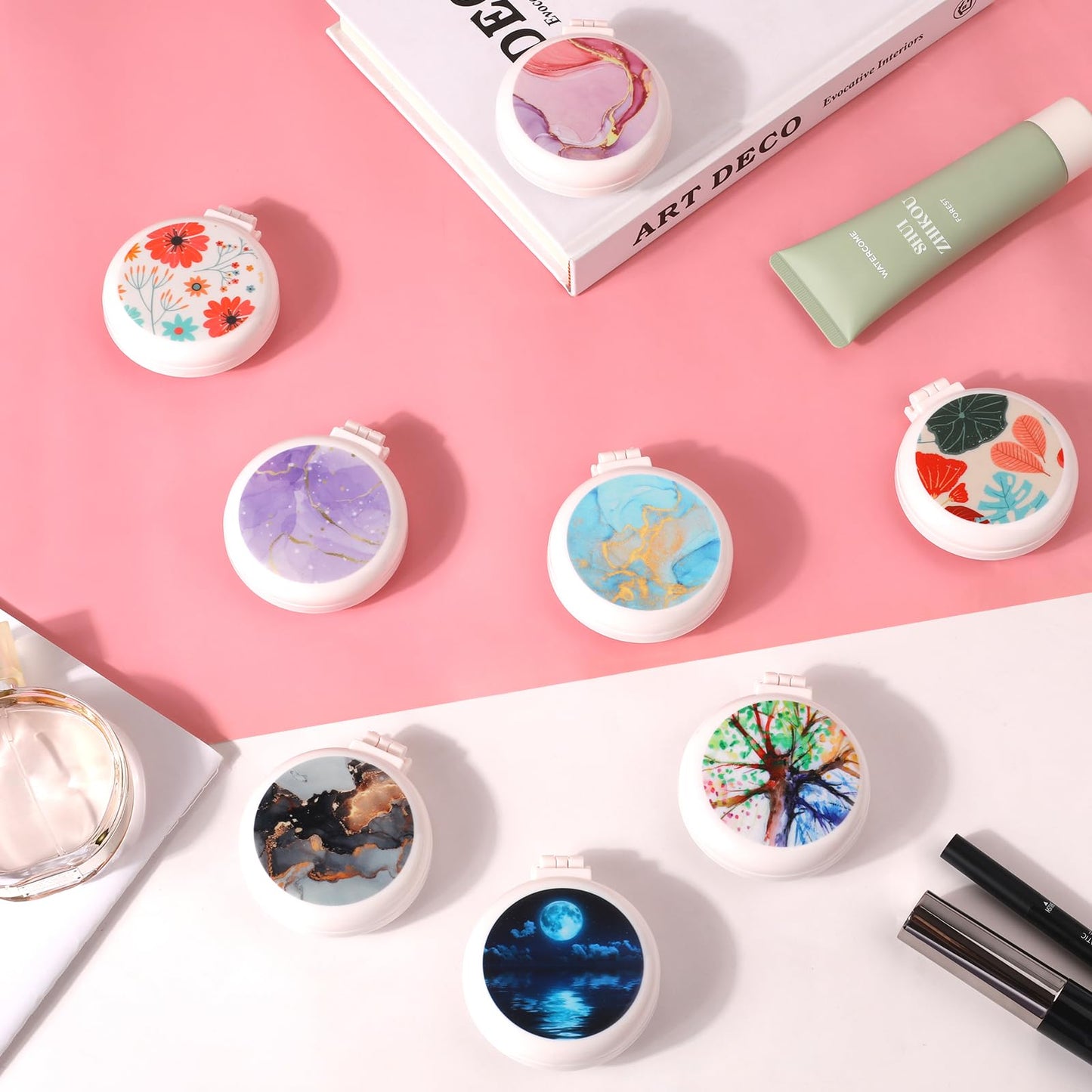 Mengduxd Mini Makeup Mirror Comb, Compact And Foldable, Portable, Women's Handbag Essential, Travel Essential Compact Comb (Colorful Trees)