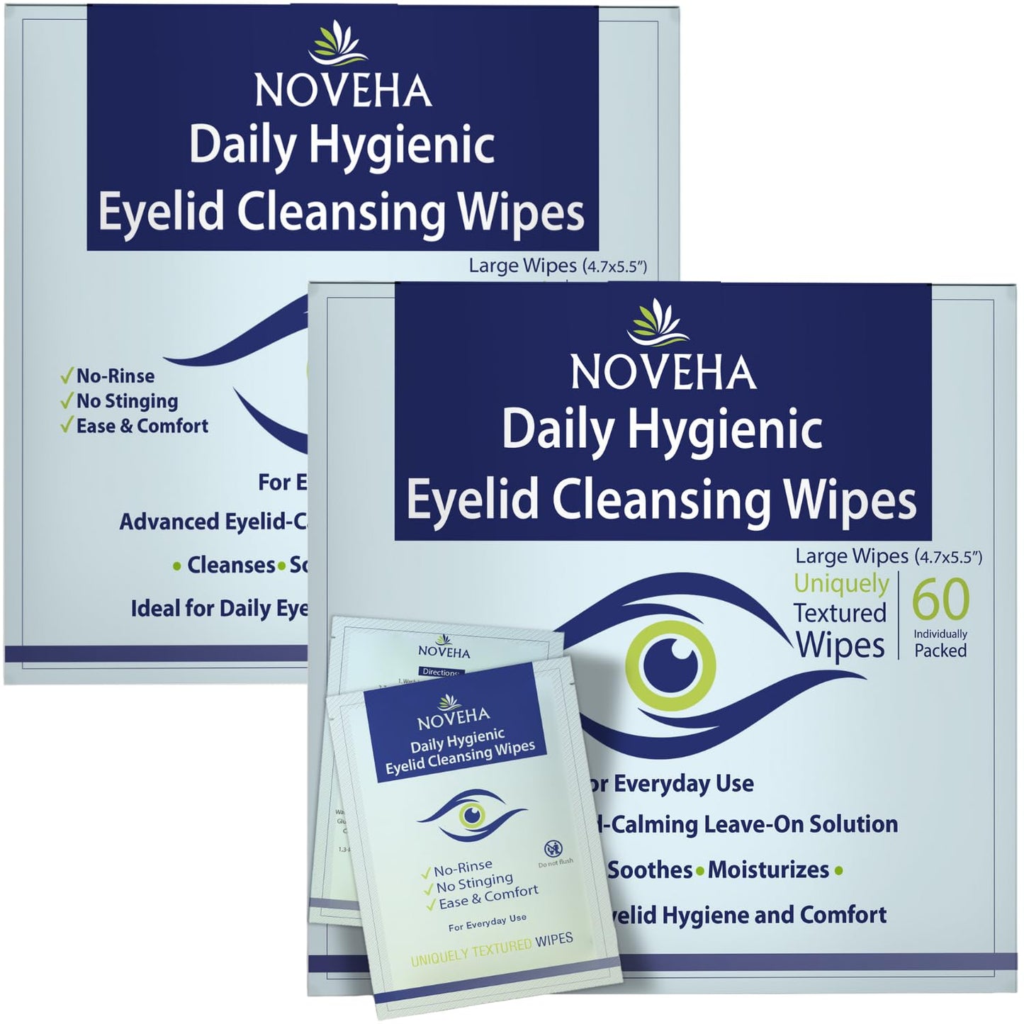 NOVEHA Daily Eyelid & Lash Wipes - 60 Individually Wrapped Refreshing Wipes for Blepharitis & Itchy Eyes
