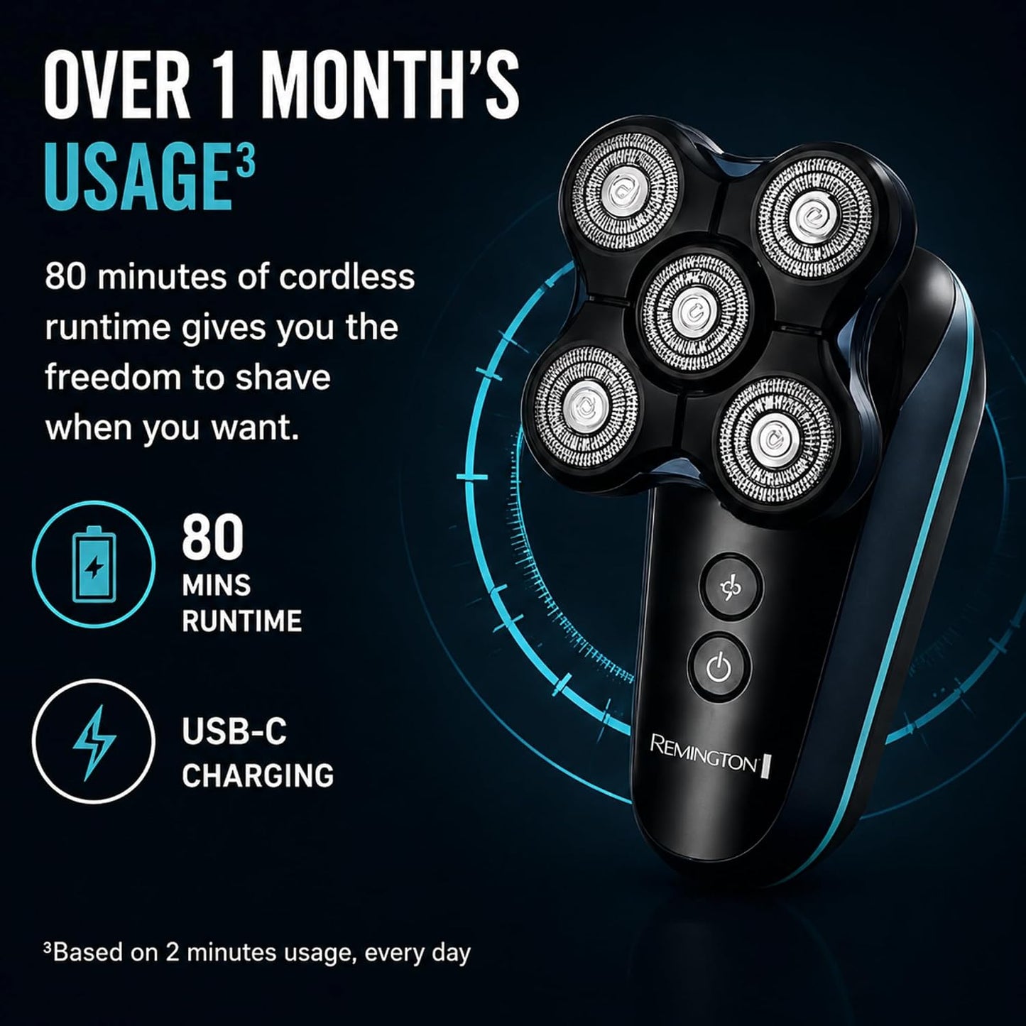 Remington Rotary Shaver - Cordless Head & Beard Razor with 5 Flex Blades | Turbo Boost, Wet/Dry Use