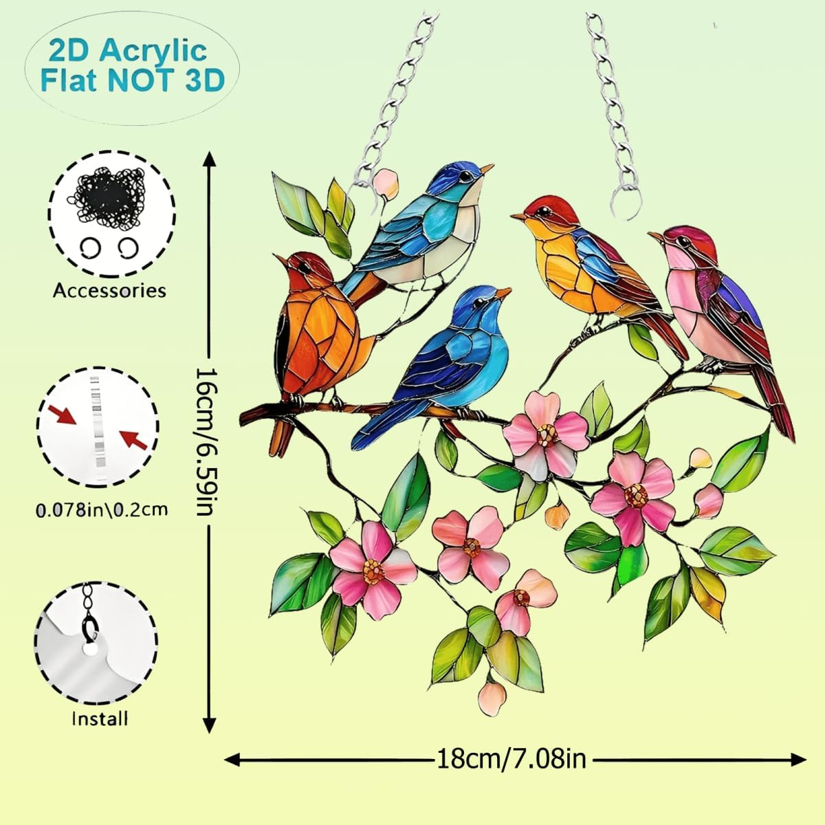 Acrylic Birds with Flowers Suncatcher - 7.08 Inch Stained Glass Style Window Decor | Rainbow Maker Wall Art & Garden Ornament