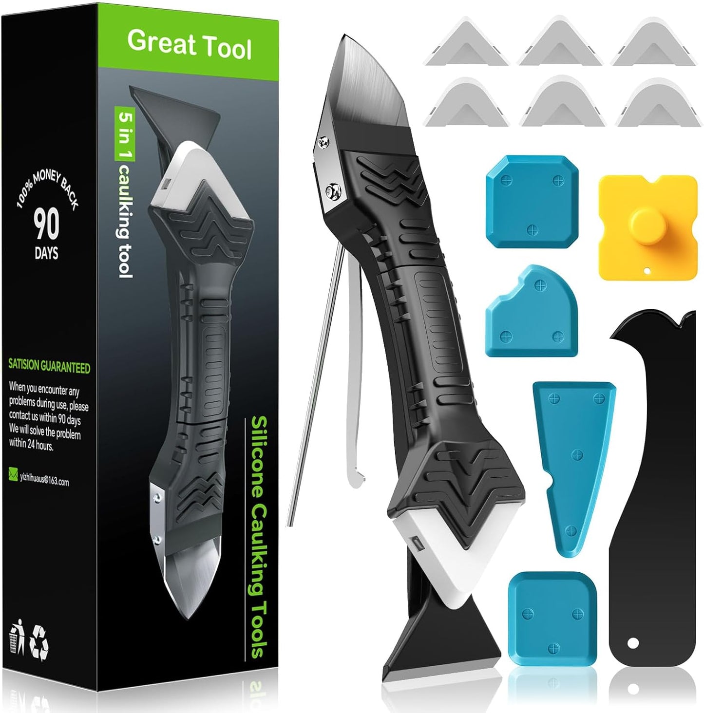 Goopreen 5-in-1 Caulking Tool - Silicone Sealant & Grout Remover with Stainless Steel Head | 6 Replaceable Pads for Kitchen & Bathroom