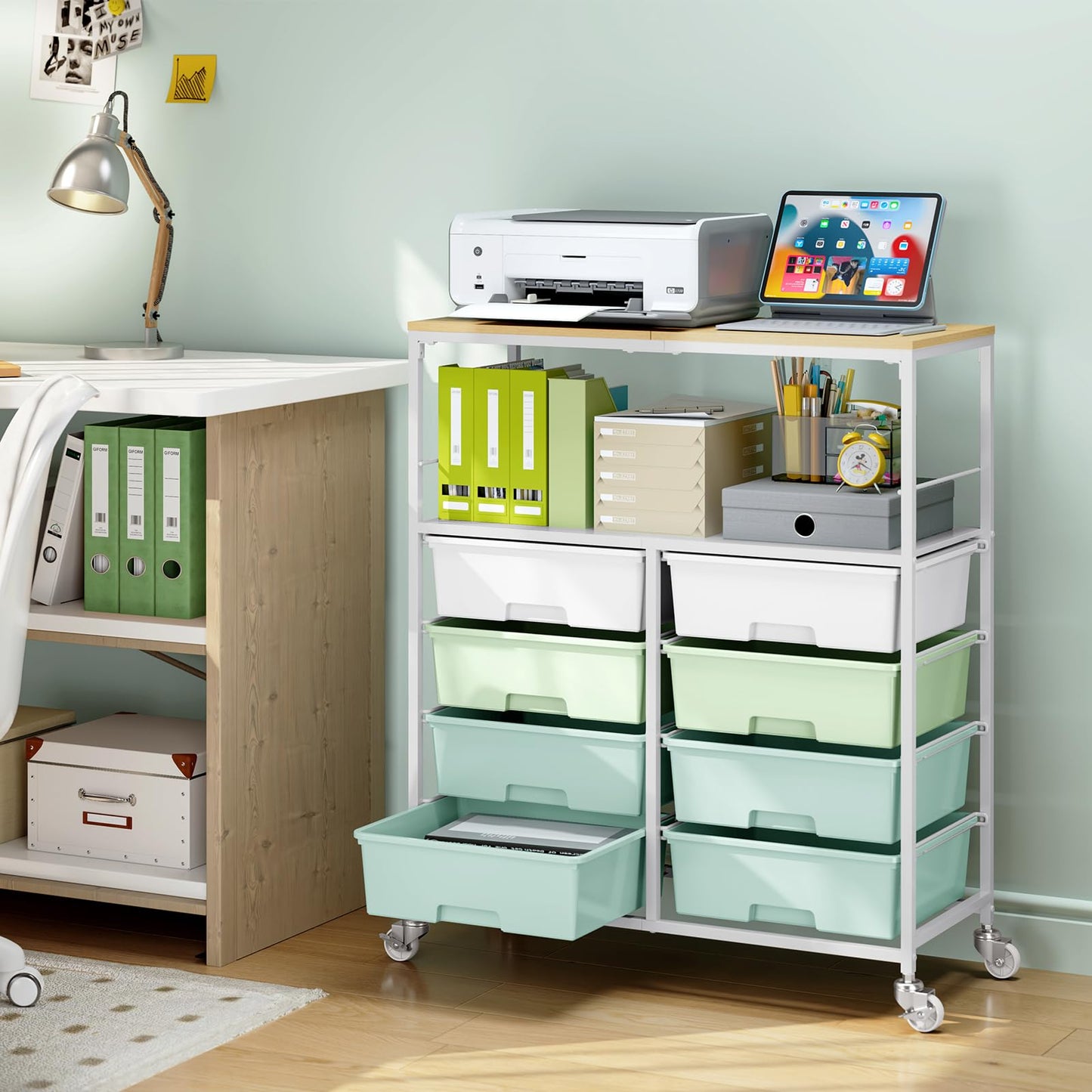Rolling cart with 8 drawers,Storage drawer cart with wooden tabletop,Lockable wheels organizer for homeschool, arts & crafts, classroom, office & creative spaces (Green)
