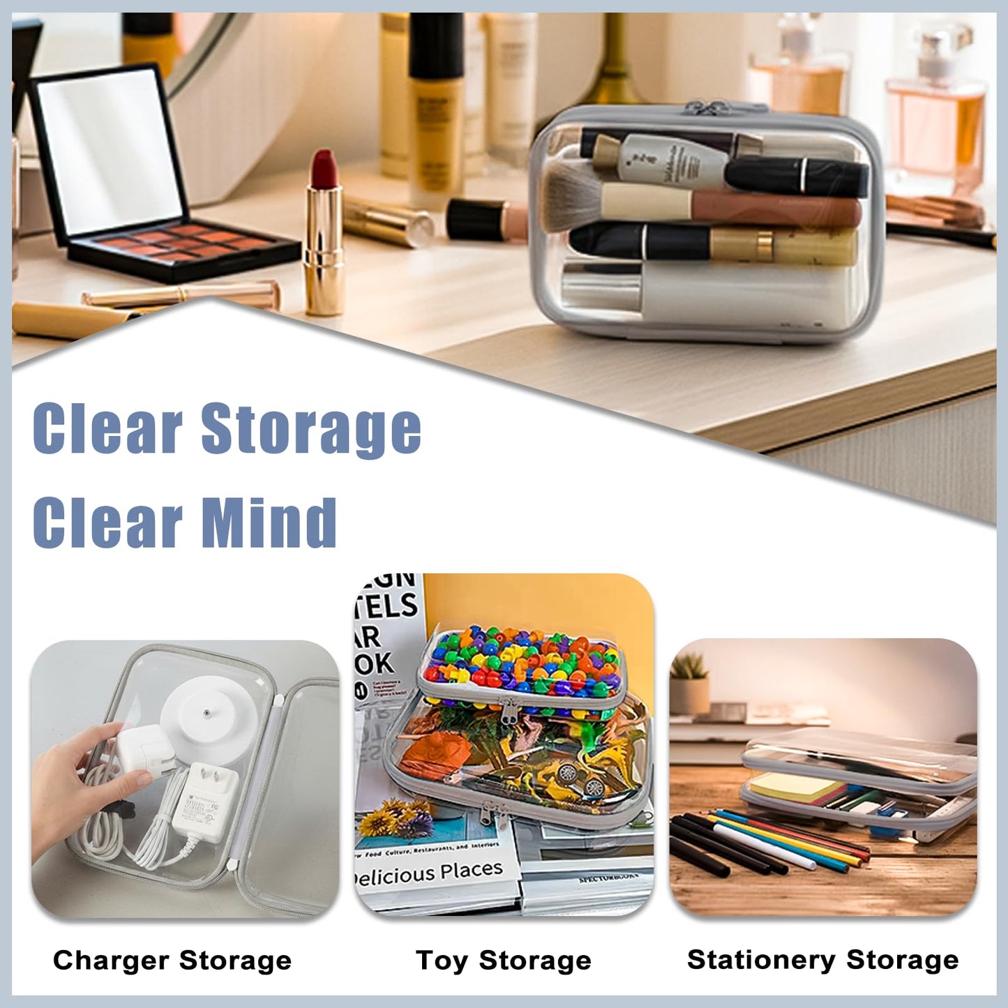 Bifrgmy 4PCS Clear Hard Shell Double-Zipper Pouches, Transparent Plastic Organizer Bags for Travel Cosmetics, Toiletries, Toy Storage & More (Grey)