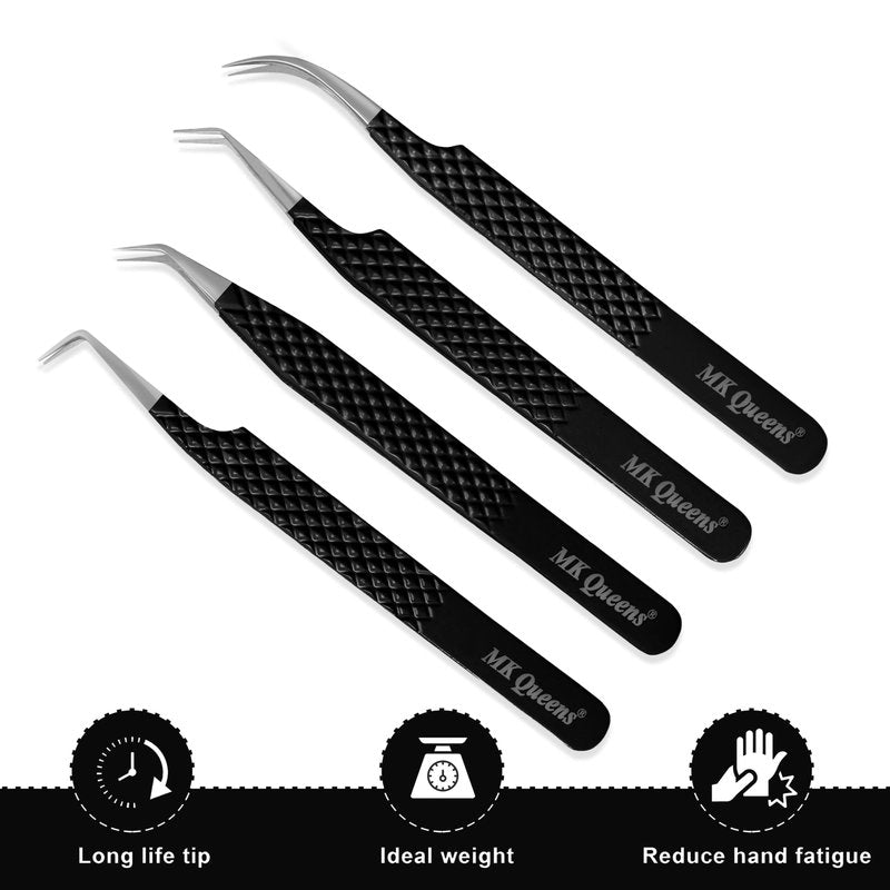 Fiber Tip Lash Tweezers for Eyelash Extensions with Diamond Grip, Set of 4 Precise Tips Japanese Steel for Classic, Volume & Mega Volume Lashes, Ideal Tweezers Set for Lash Artists (4, Black)