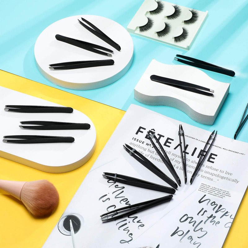 Mudder 24 Pieces Eyebrow Tweezers Bulk Stainless Steel Slanted Tip Precision Tweezers for Facial Hair, Blackhead and Tick Remover, Men and Women Professional(Black)