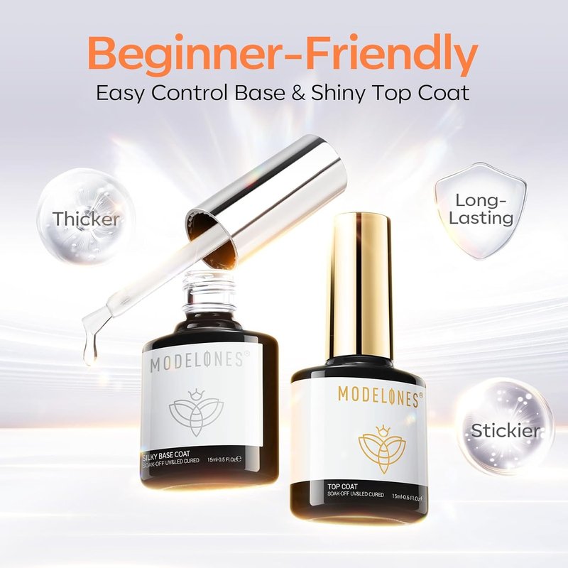 Gel Nail Polish Top & Base Coat Set - Silky Base & Extra Glossy Finish | 15 ML, No Wipe, UV/LED Soak Off, Ideal for DIY Manicure