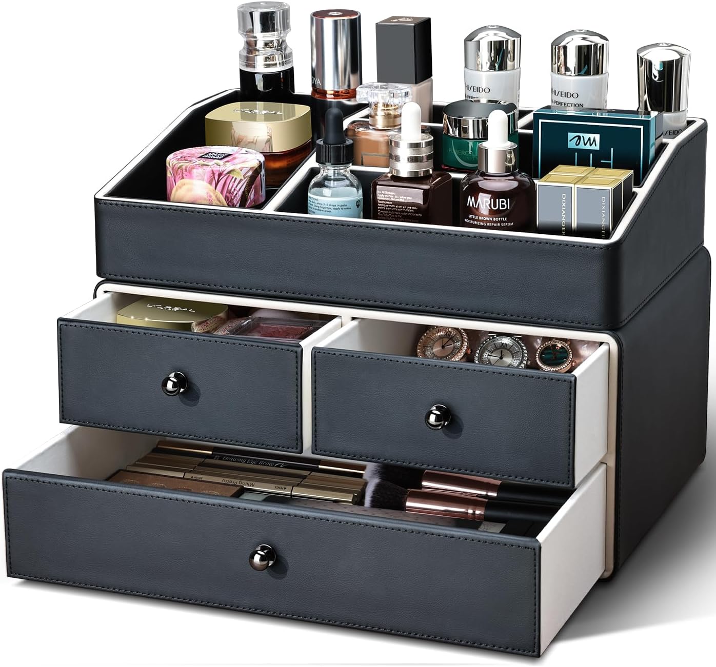 Leather Makeup Organizer - 3 Drawer 2 Tier Cosmetic Storage for Vanity & Bathroom | Beige