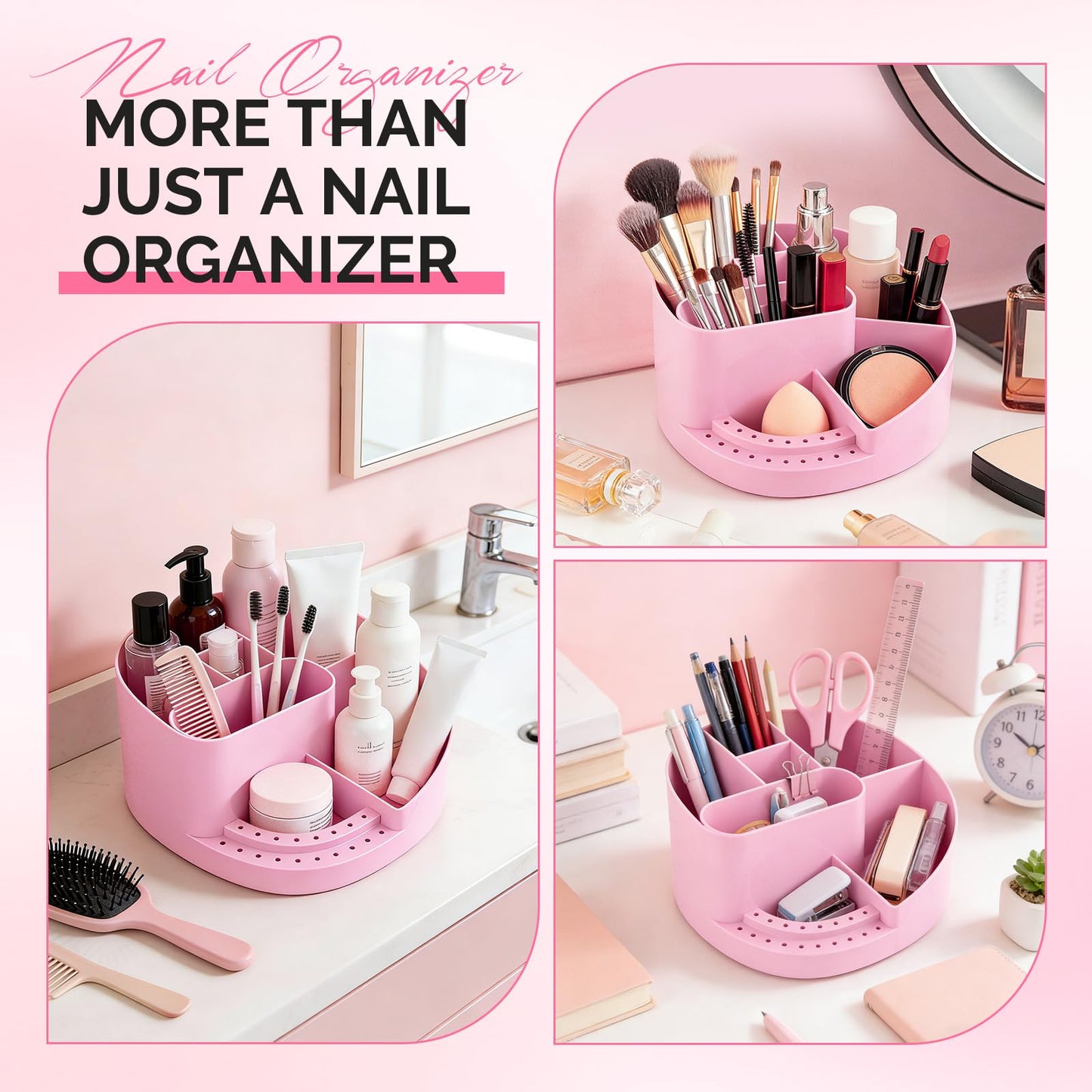 MelodySusie Nail Drill Holder & Nail Art Tools Storage Box, Large Capacity Sturdy Desk Organizer for 3/32" Nail Drill Bits, Nail Tech Supplies Container for Acrylic Salon & Home, Pink