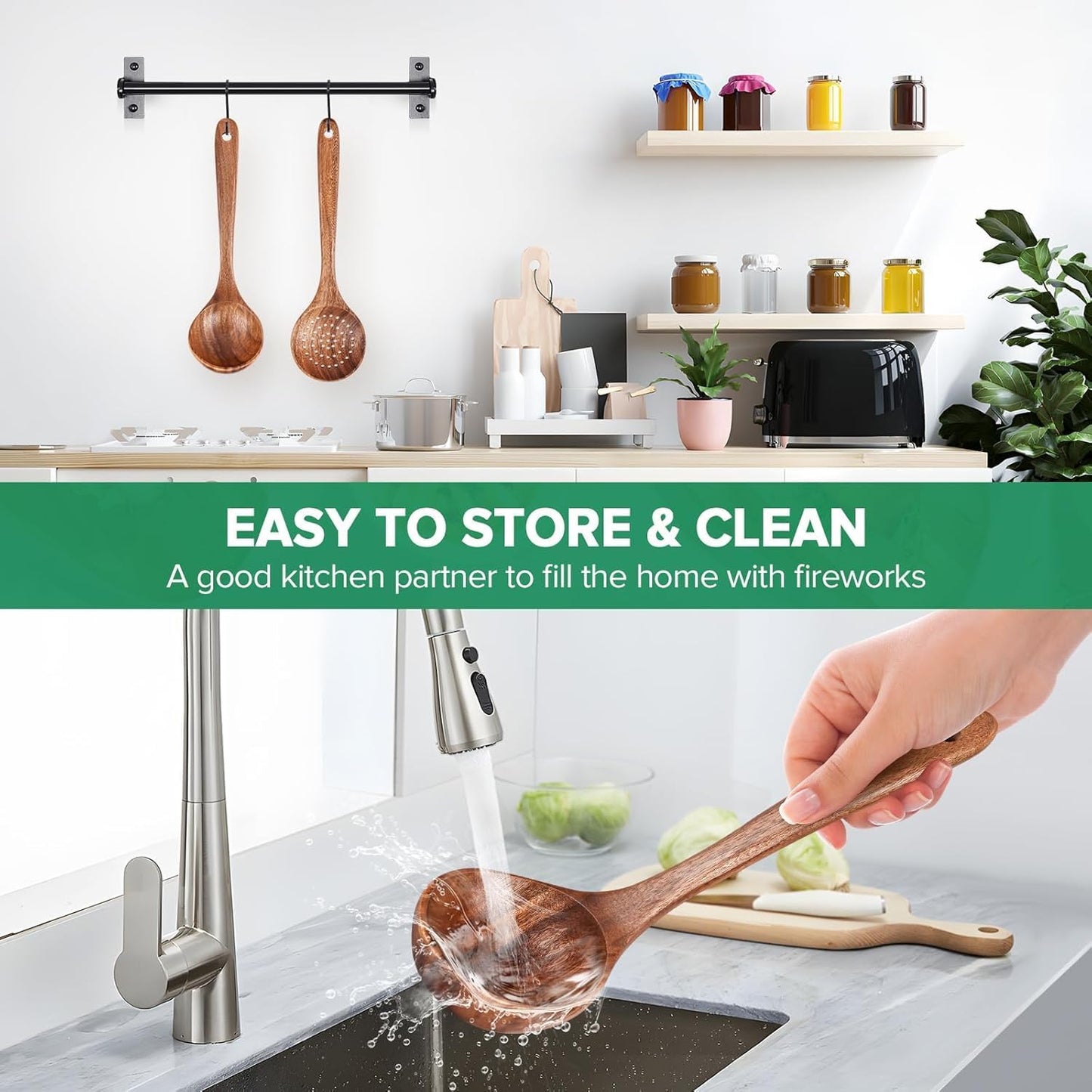 Wooden Ladle - Long Handle Cooking Spoon for Soup & Serving | Durable Kitchen Utensil