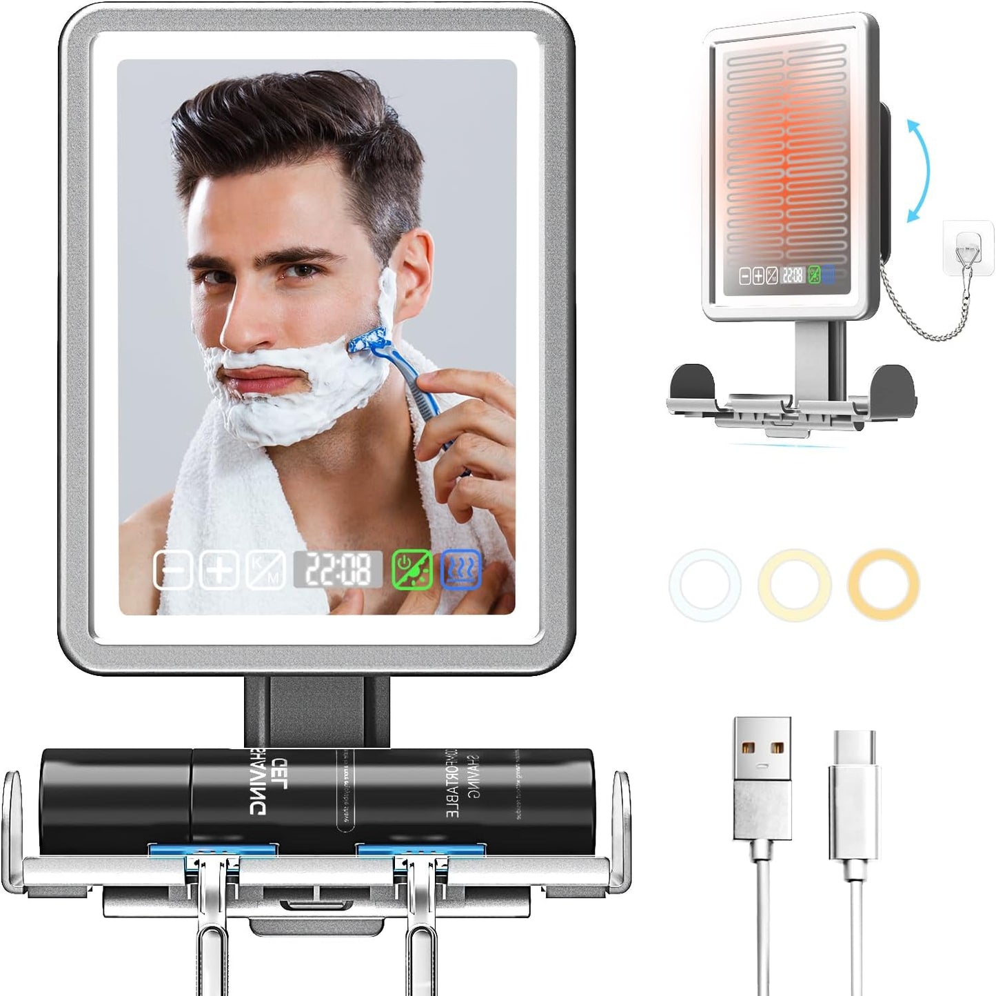 Fogless Shower Mirror for Shaving - LED Heated Rechargeable with Digital Clock & Storage Tray | Dimmable Touch Screen, 3 Color Lighting