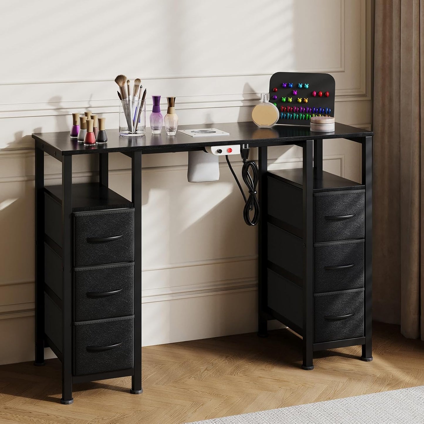 Manicure Table - Nail Tech Desk with Electric Dust Collector & 6 Storage Drawers | White Beauty Workstation