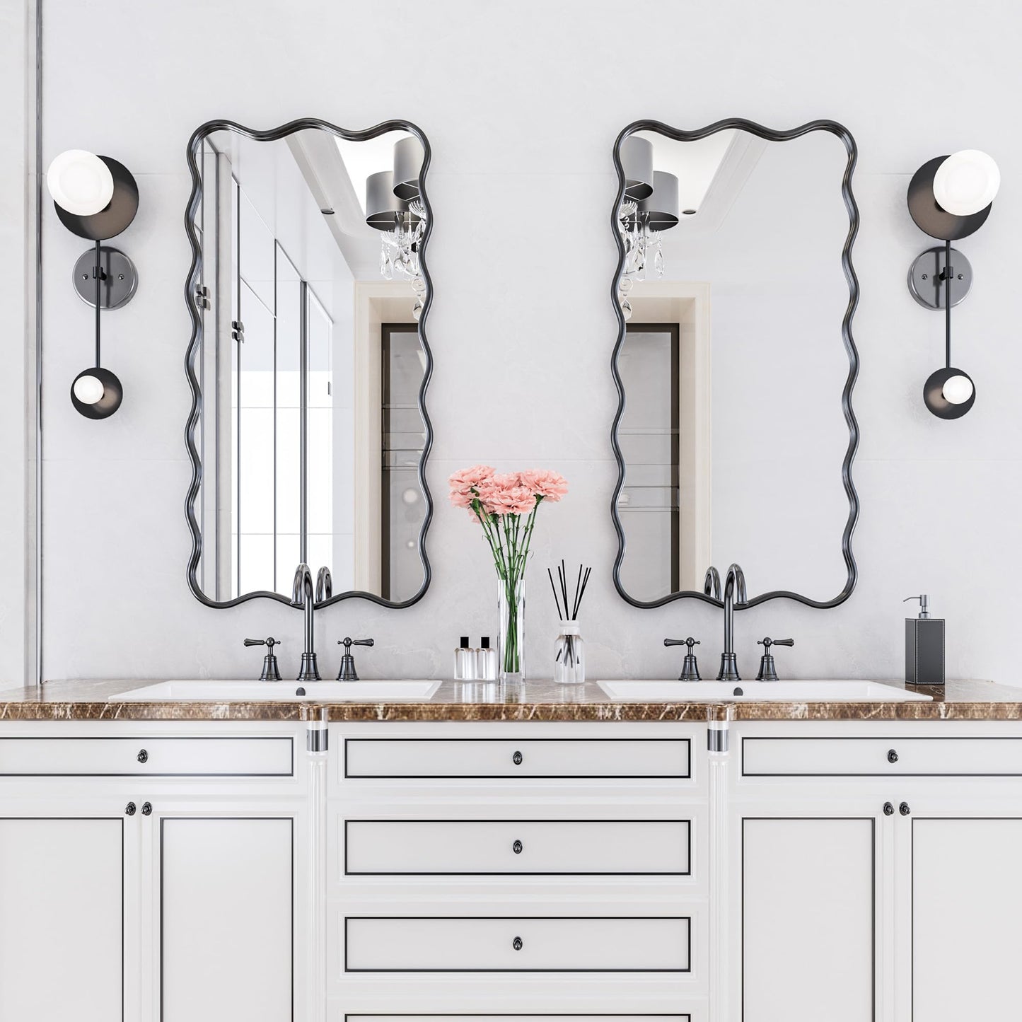 PROHOMEWARE 24 * 48" Black Bathroom Mirror for Wall,Wavy Rectangular Mirror,Vanity Mirror,Bathroom Mirrors for Wall-Mounted Metal Frame Mirror for Bedroom Entryway Living Room Farmhouse (Black)
