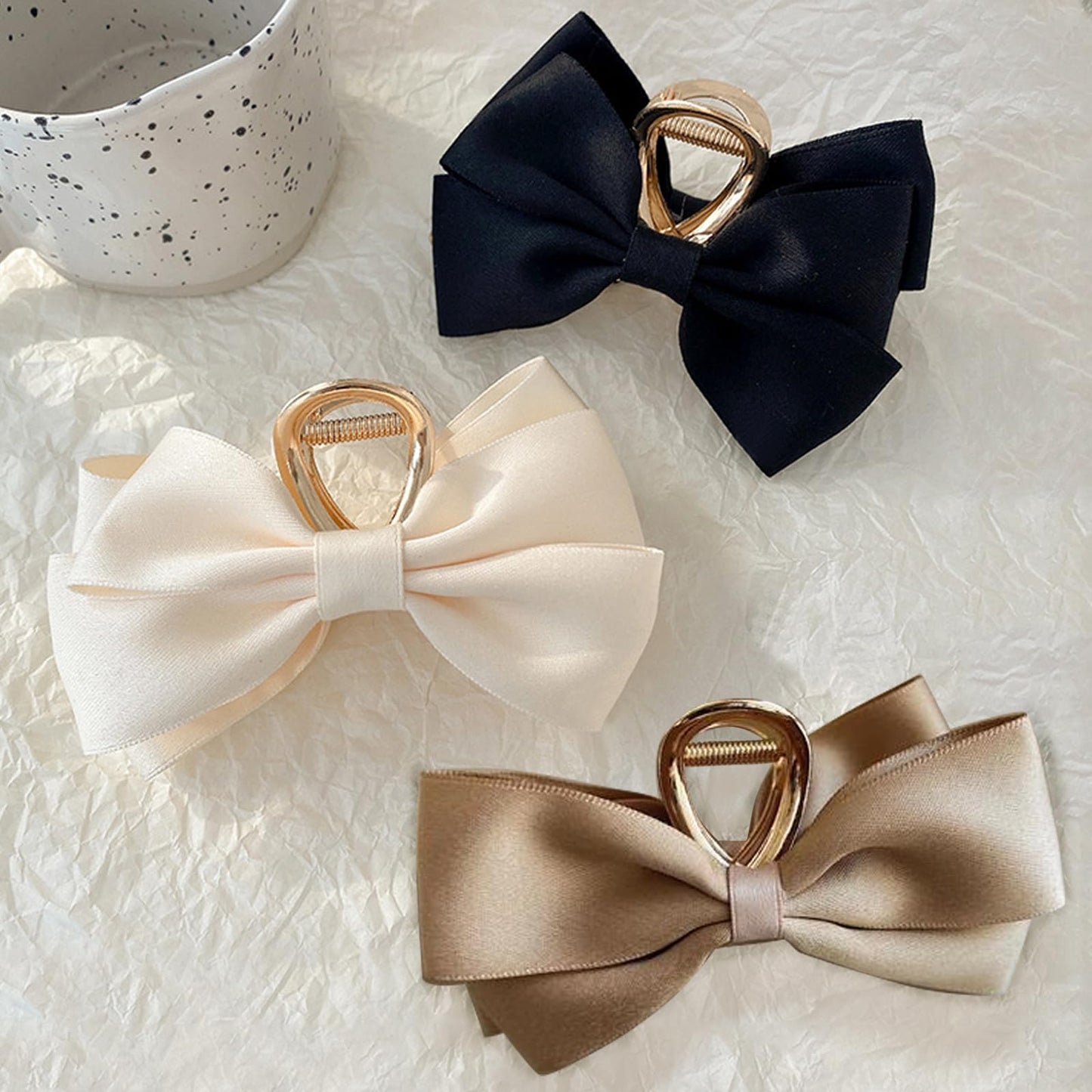 Stylish 3PCS Metal Claw Hair Clips for Women & Girls - Premium Bow-knot Nonslip Clips for Thick & Thin Hair, Big Bows in Trendy Black, White, Khaki!
