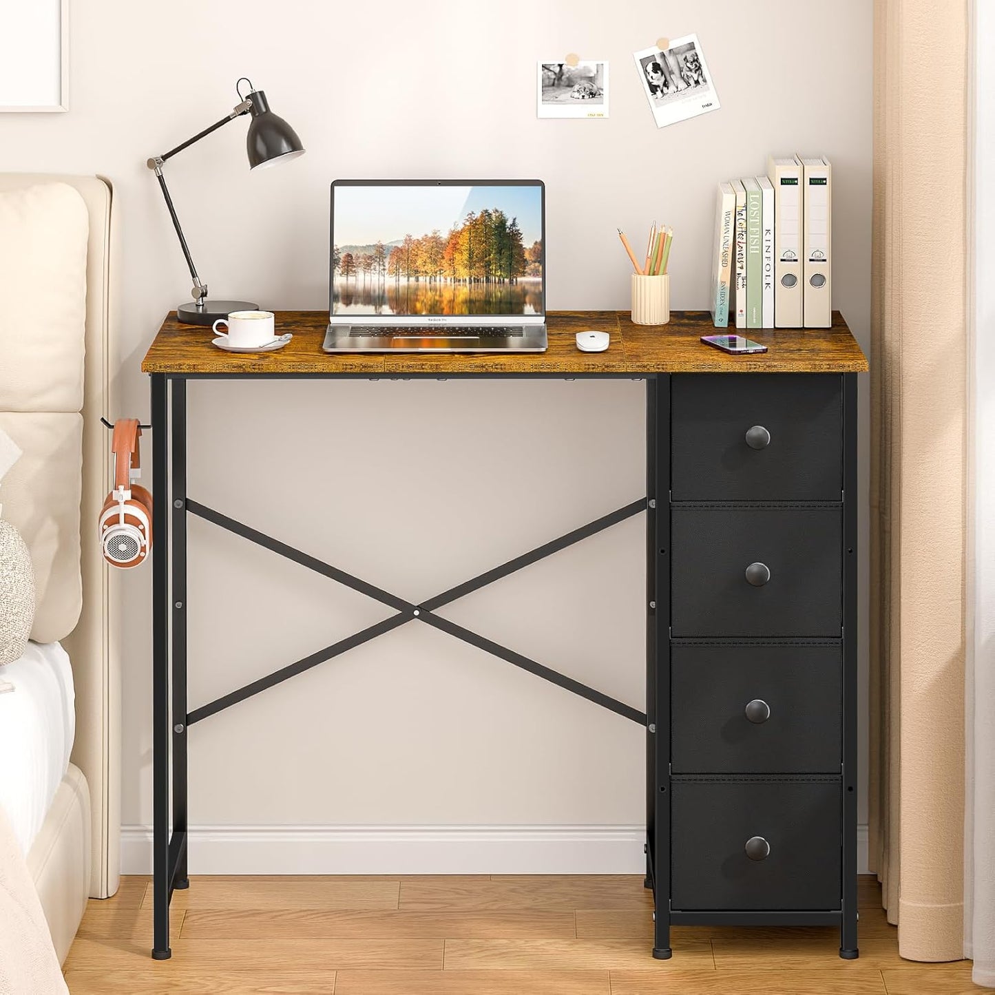 Small White Desk - 35.4 Inch Writing Desk with Drawers | Reversible Study Table for Kids & Teens