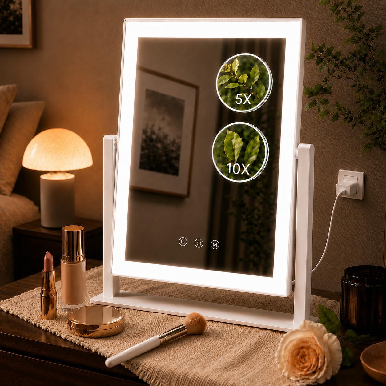 LED Vanity Makeup Mirror - 14.1 Inch with Dimmable Touch Control, 10X/5X Magnifiers & 3 Color Modes | 360° Rotation