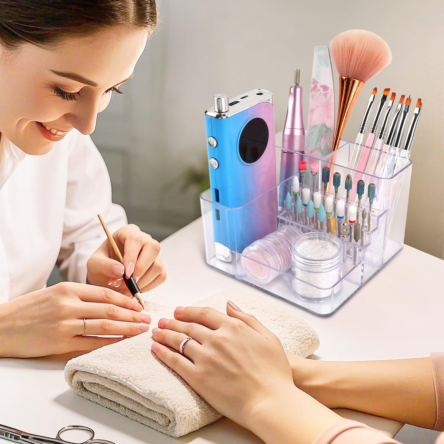 YINGJEE Nail Drill Holder, 21 Holes Nail Drill Machine & Bits Storage Box, Acrylic Nail Drill Bit Holder Professional Nail Tools Organizer, Nail Desk Organizer for Nail Tech