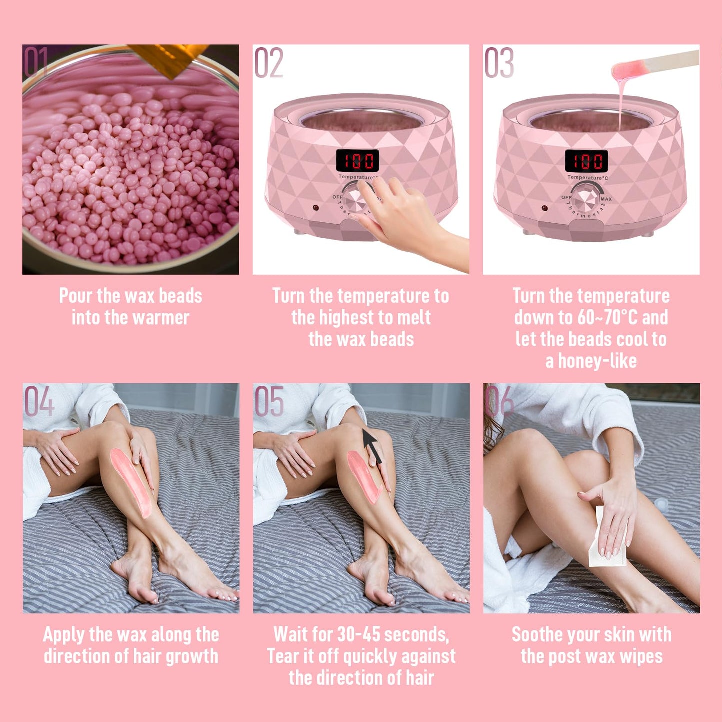 Charmonic Wax Warmer, Upgrade Digital Waxing Kit with Silicone Pot & 500g Hard Wax Beads for Whole Body Brazilian Bikini Legs Armpit Nose Hair Removal, Hot Wax Machine (Pink)