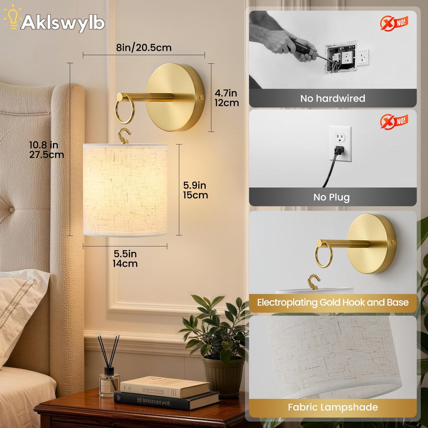 Detachable Wall Sconces Battery Operated With Hanging Hook,10000mah Battery Operated Wireless Wall Sconces Set of Two,12 RGB Gold Sconce With Remote,Renter Friendly Wall Lamps for Living Room,Bedroom