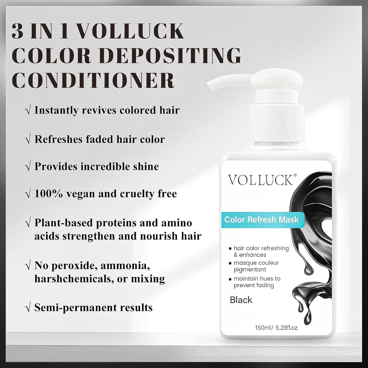 Color Depositing Conditioner - 3-in-1 Cruelty-Free Hair Mask for Shine & Softness | Non-Foaming, Black, 5.28 Fl Oz