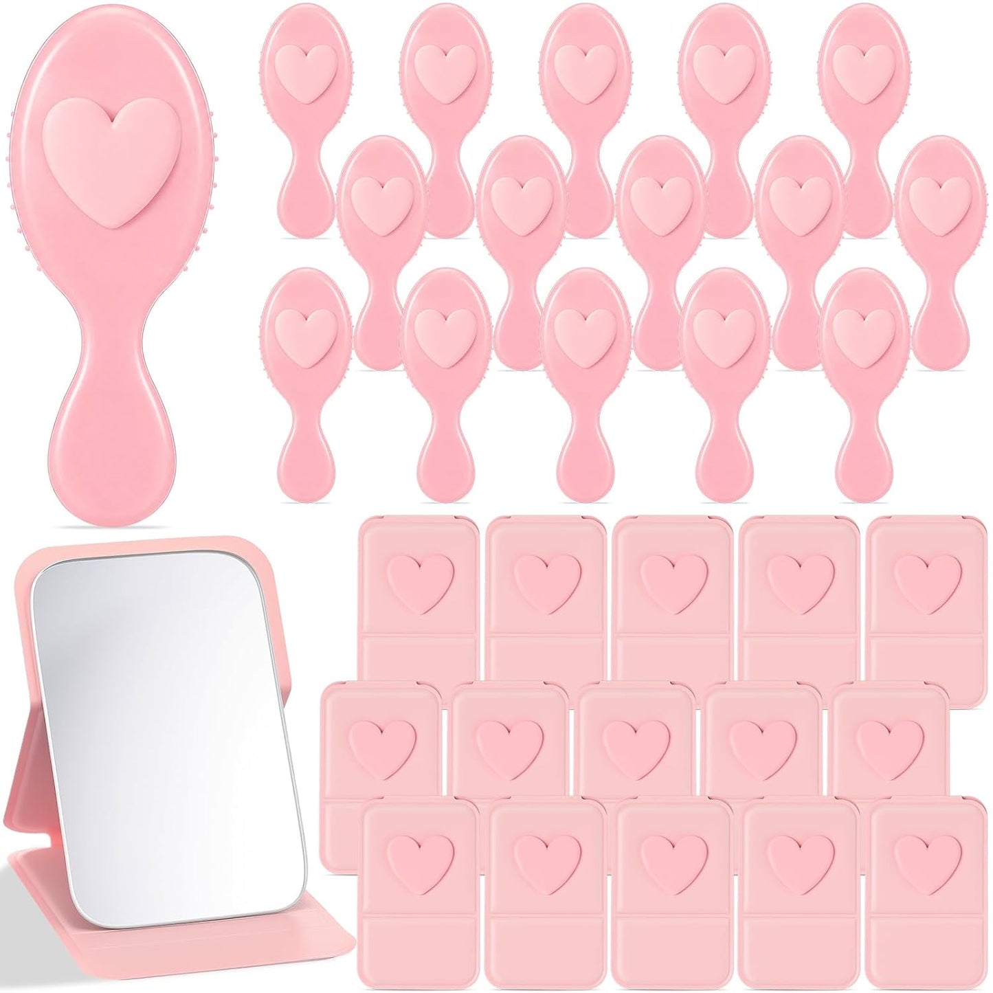 Coquette Bow Compact Mirror & Mini Hair Brush Set - 30 Pcs | Pink Travel Detangling Brushes for Parties & Gifts