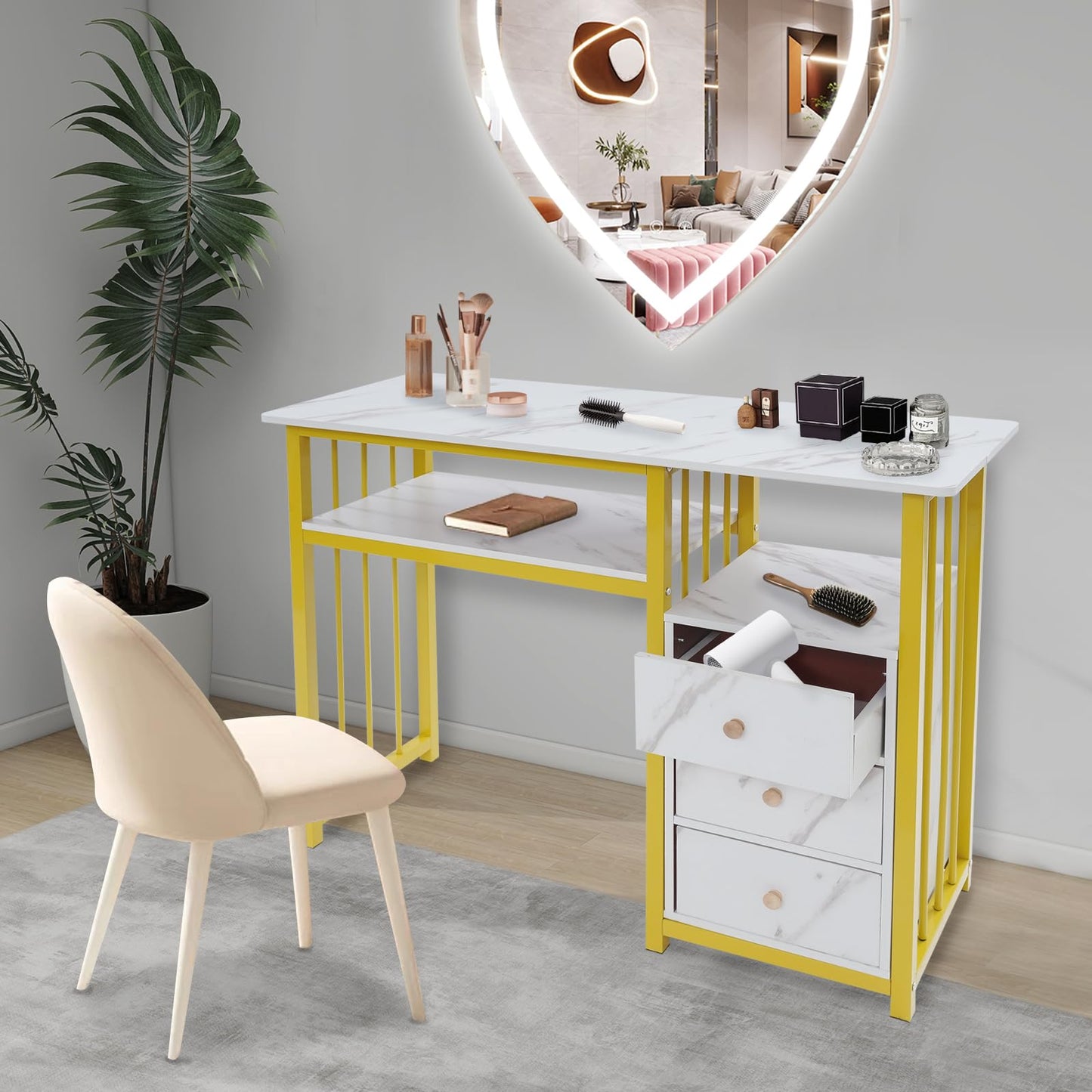 kangten Manicure Table for Nail Tech, Golden & Marbling Texture Nail Station with 3 Storage Drawers and Shelf, Nail Table with Metal Frame for Beauty Home Salon Spa