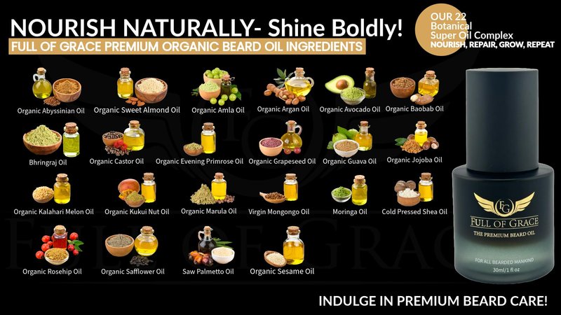 FULL OF GRACE Premium Beard Oil, Organic And Natural, With 22 Ingredients Including Argan, Jojoba, Abyssinian To Condition, Hydrate Beard And Moisturize Facial Skin- Oud, Vanilla Caviar & Amber | 30ml