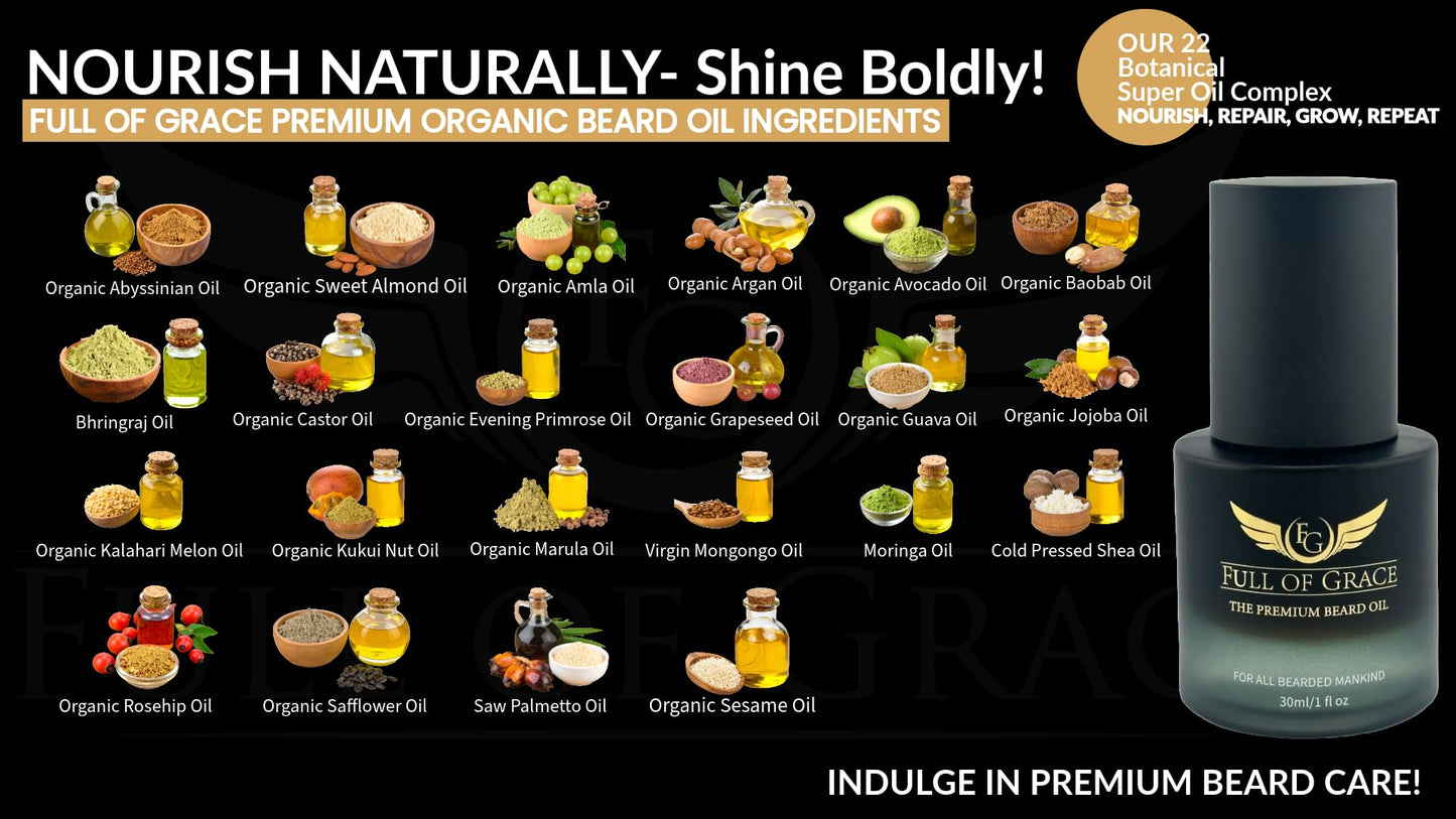 FULL OF GRACE Premium Beard Oil, Organic And Natural, With 22 Ingredients Including Argan, Jojoba, Abyssinian To Condition, Hydrate Beard And Moisturize Facial Skin- Oud, Vanilla Caviar & Amber | 30ml