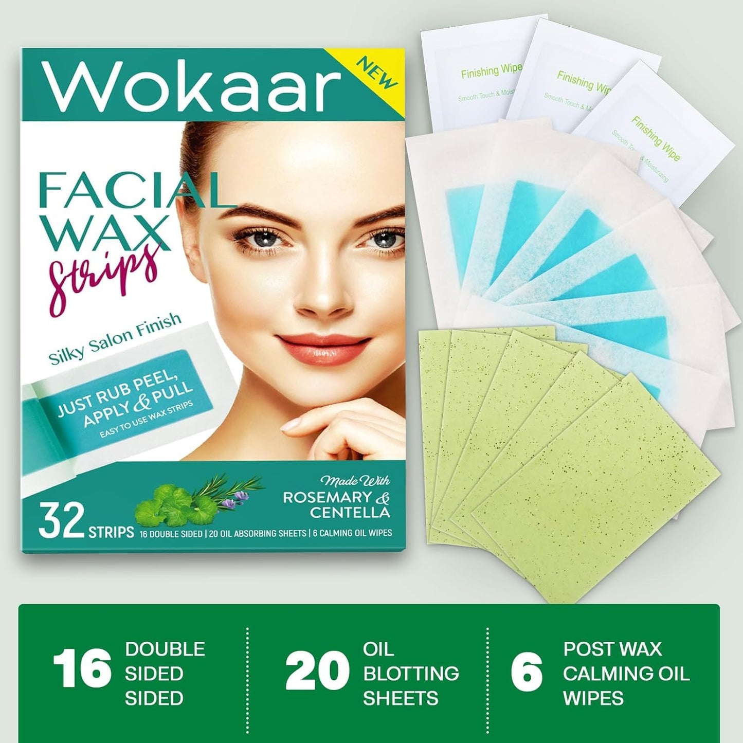 Hypoallergenic Facial Wax Strips - Sensitive Skin Waxing Kit for Eyebrows, Lips, Legs & Bikini | 16 Strips, 6 Calming Oil Wipes, 20 Blotting Sheets