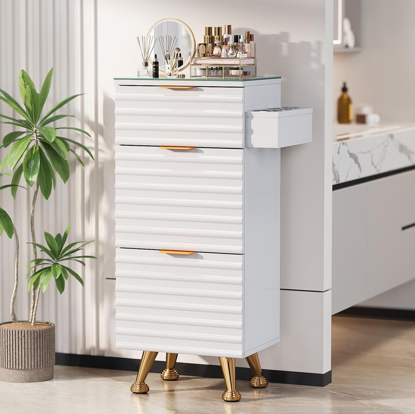 Professional Salon Station - Tempered Glass Top, 3 Drawers, Heat Resistant Tool Holders | Black Barber & Stylist Storage Cabinet
