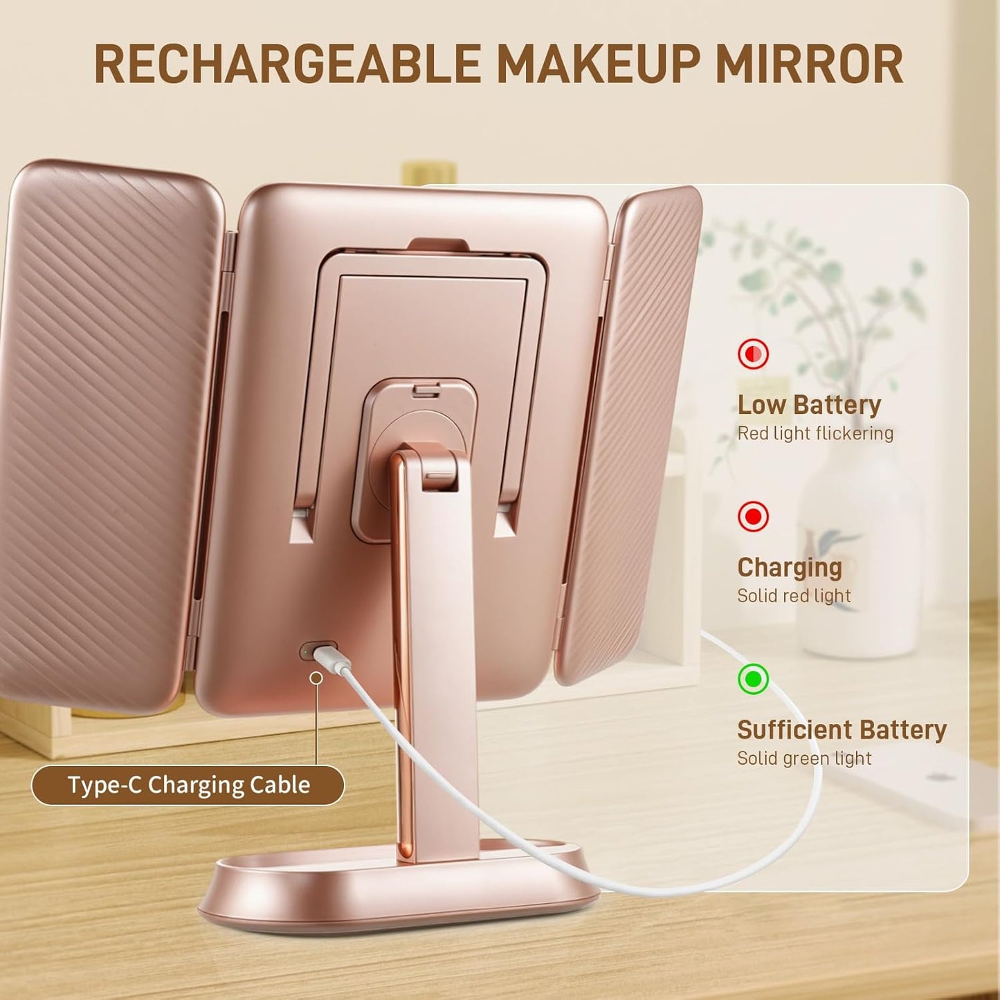 Lighted Makeup Mirror - 1X/3X/5X Magnification, Elegant Rose Gold Trifold Vanity Mirror with Smart Touch & 3 Lighting Modes | Portable Rechargeable Design