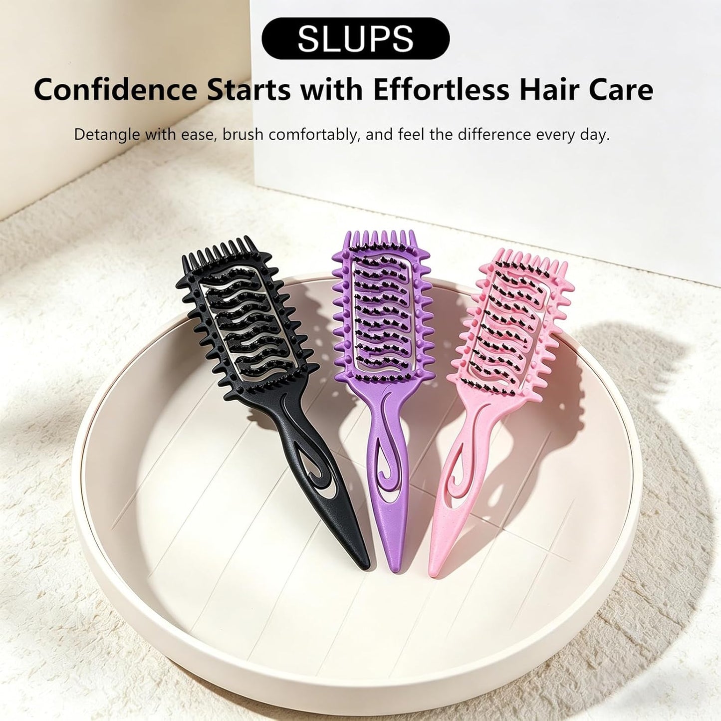 Curly Hair Defining Brush Set - 3 Ergonomic Slick Back Brushes for Wet & Dry Hair | Frizz Reduction (Pink)