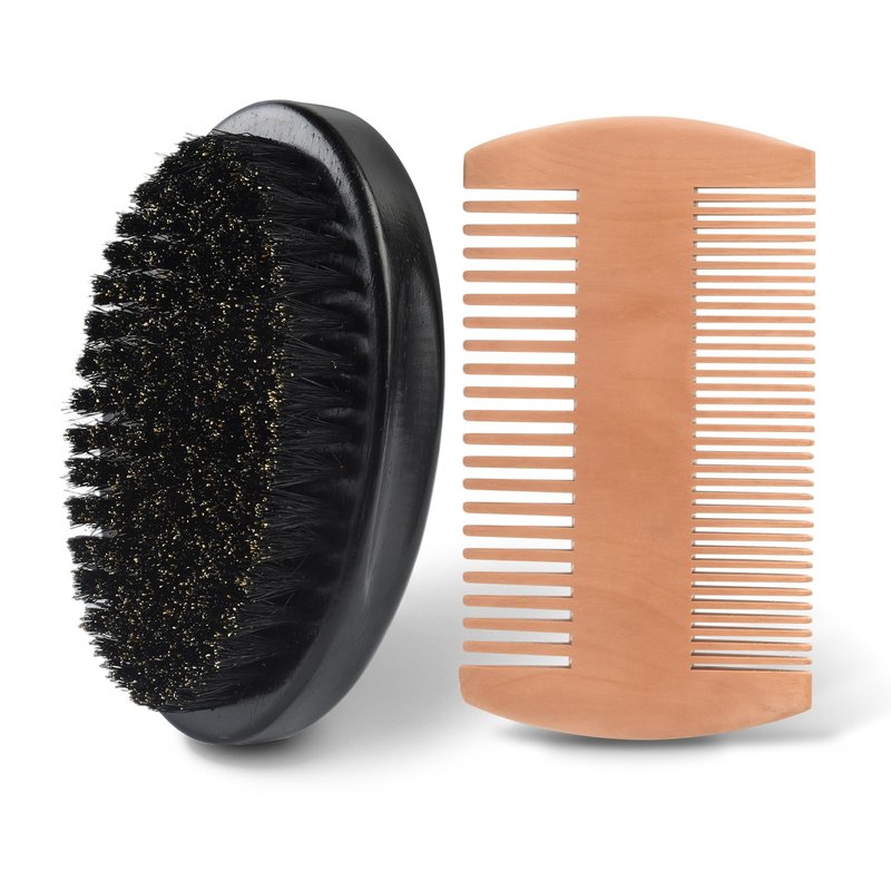 FaHaner Men's Beard Brush Kit with Pearwood Comb and 100% Boar Bristle Beard Brush & Deluxe Pearwood Comb Set for Men, Helps to Shape & Lock in Moisture, Beard Kit, Travel Essentials