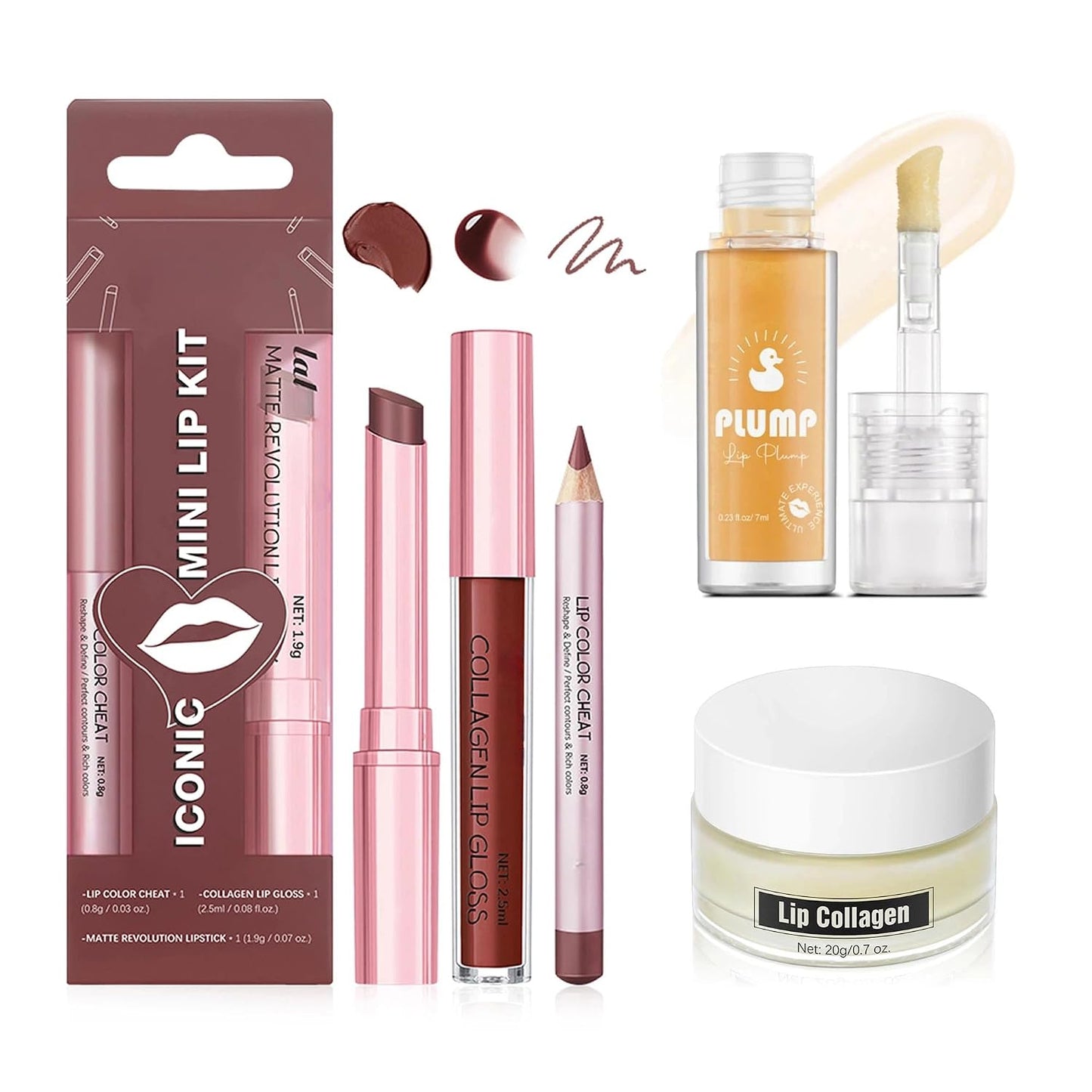 Mauve Rose Lip Makeup Kit - 5-Piece Lipstick, Liner & Gloss Set with Collagen Mask & Plumping Oil | Long-Lasting Dusty Rose Color for All Skin Tones