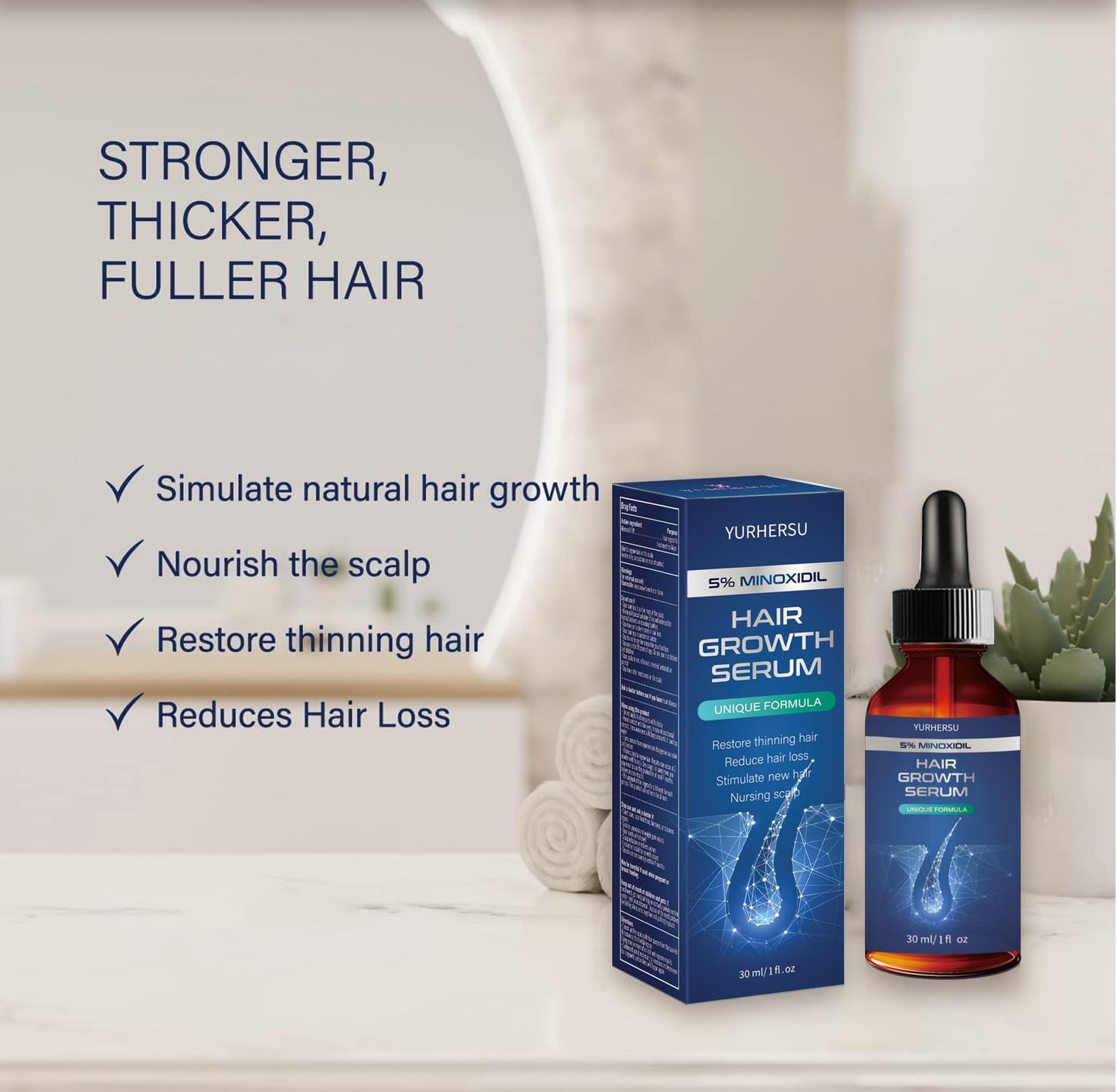 YURHERSU Hair Growth Serum with 5% Minoxidil, Restore Thinning Hair Reduce Hair Loss, Stimulate New Hair Nursing Scalp for Women Men Get Stronger Thicker Longer Hair or Beard-60ml